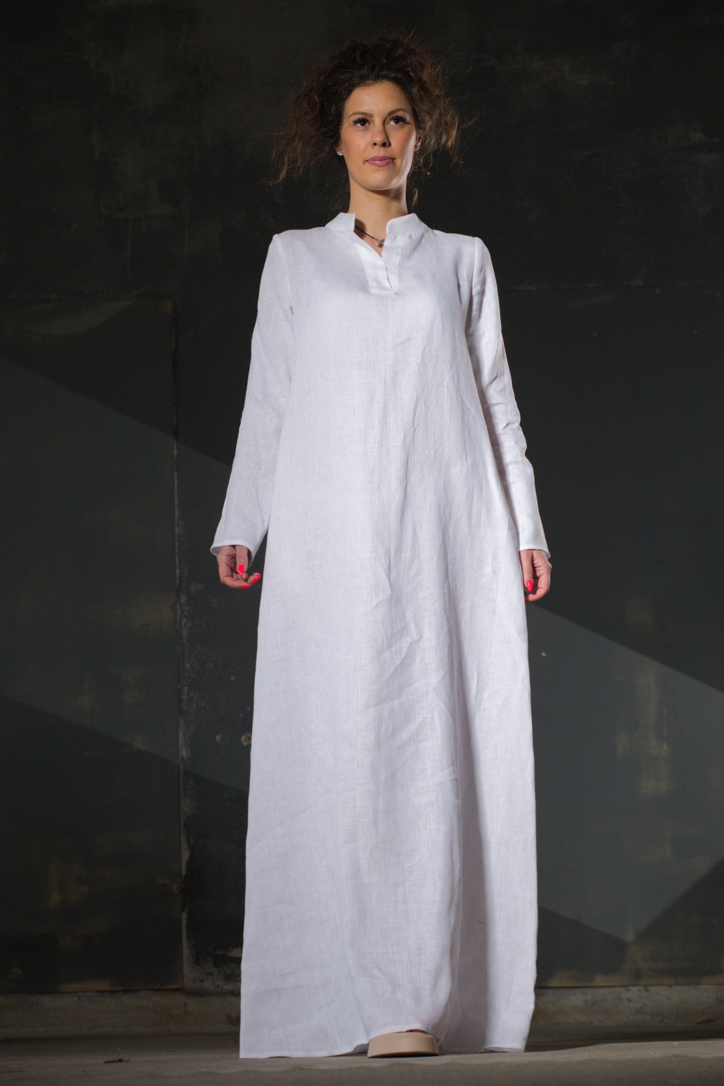White Linen Maxi Dress — Mandarin Collar, Long Sleeve