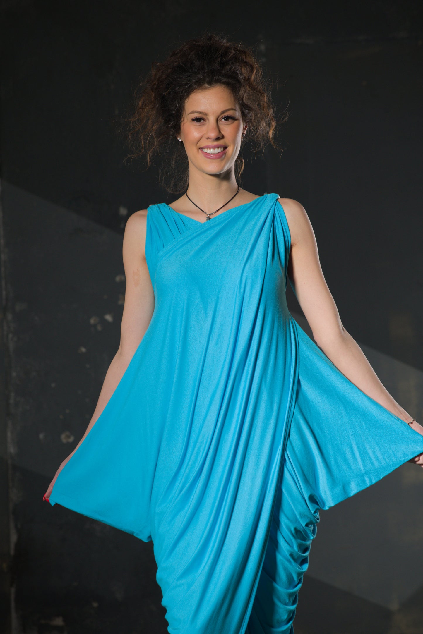 Turquoise Asymmetric Draped Dress — Jersey