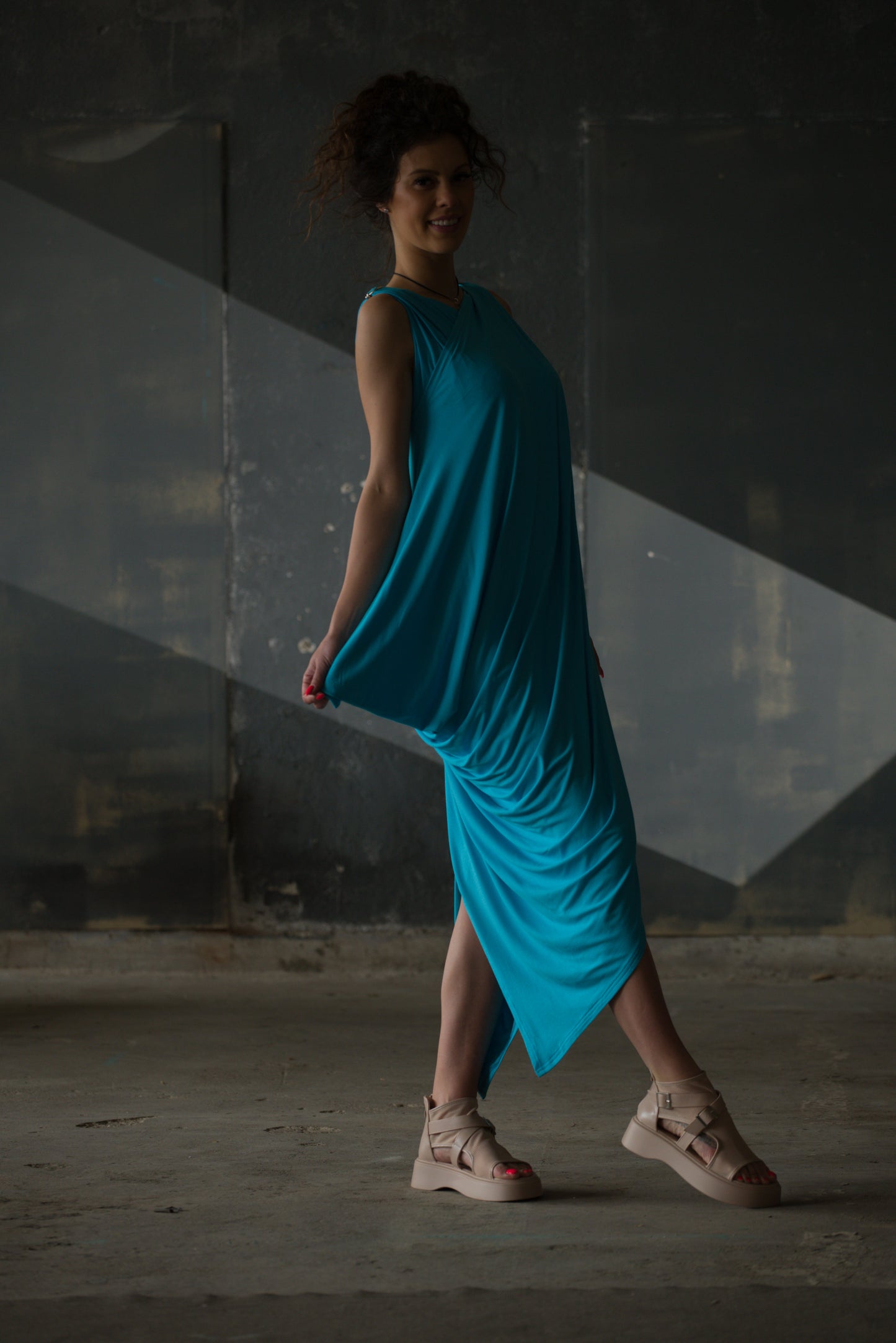 Turquoise Asymmetric Draped Dress — Jersey