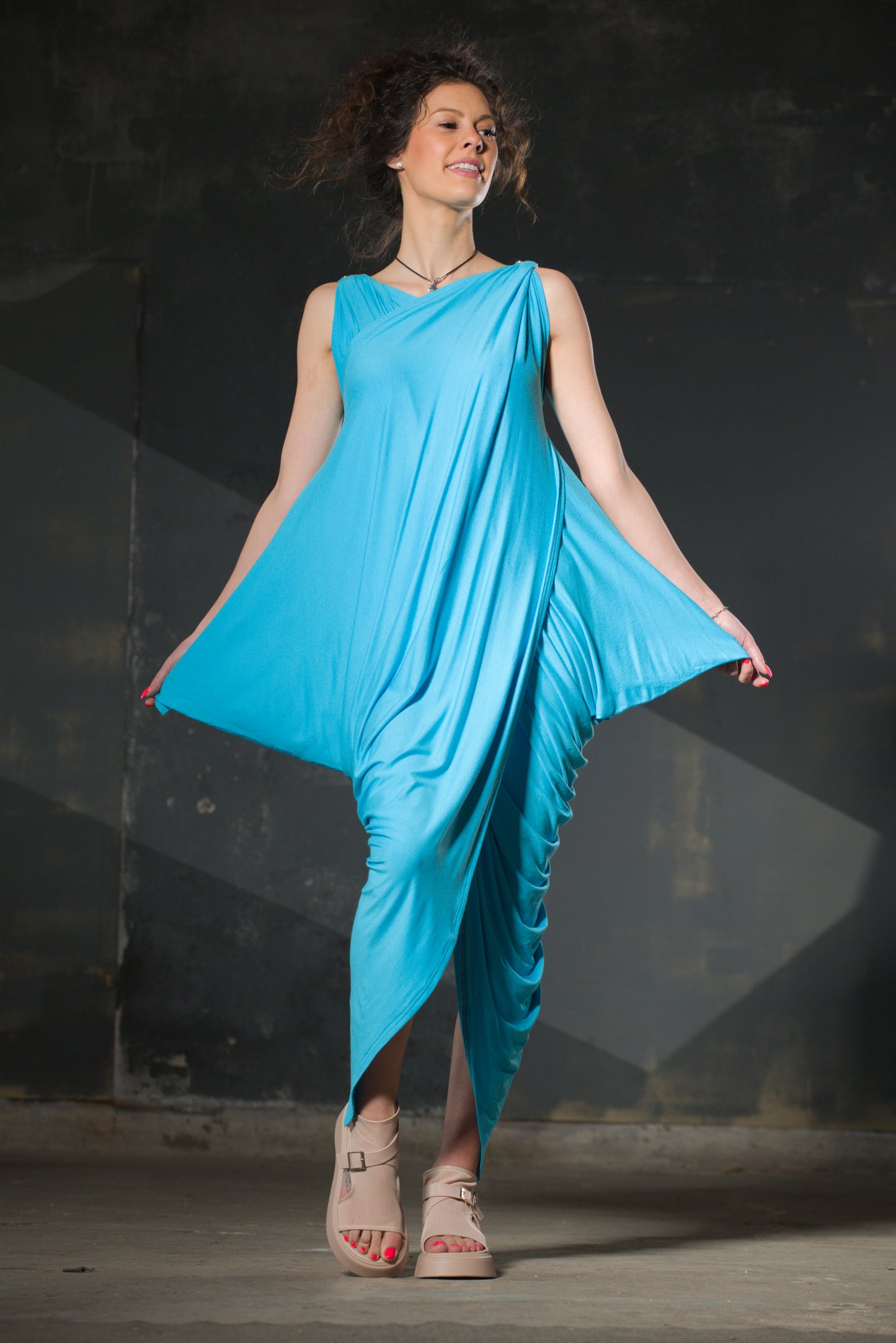 Turquoise Asymmetric Draped Dress — Jersey