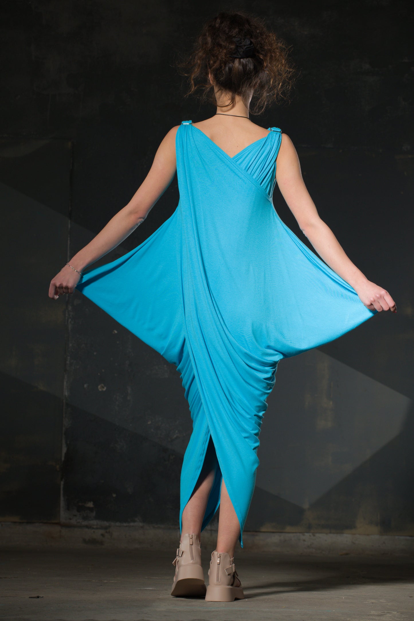 Turquoise Asymmetric Draped Dress — Jersey