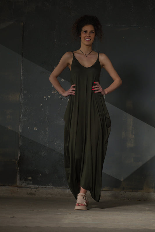 Olive Spaghetti-Strap Draped Maxi — Jersey