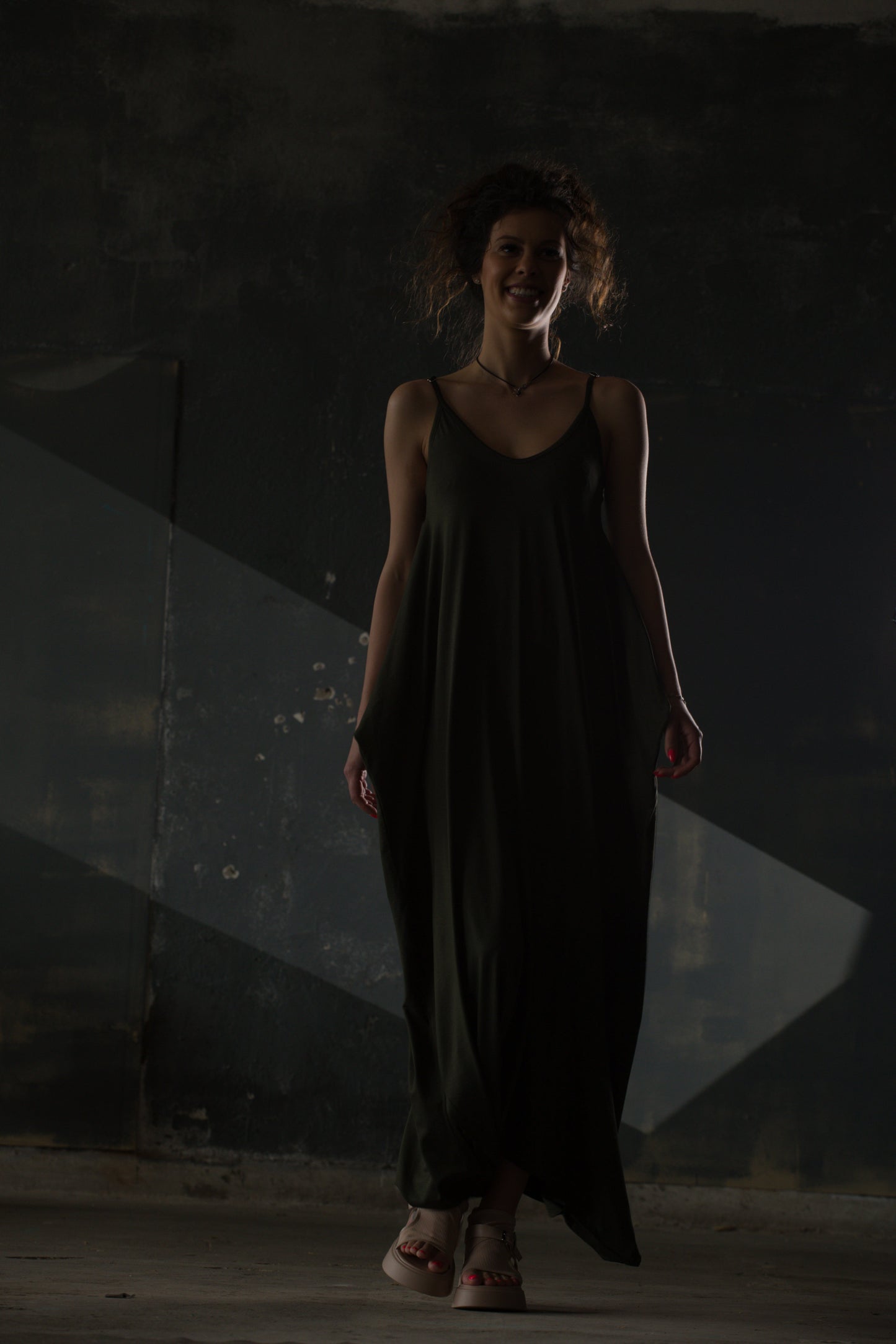 Olive Spaghetti-Strap Draped Maxi — Jersey