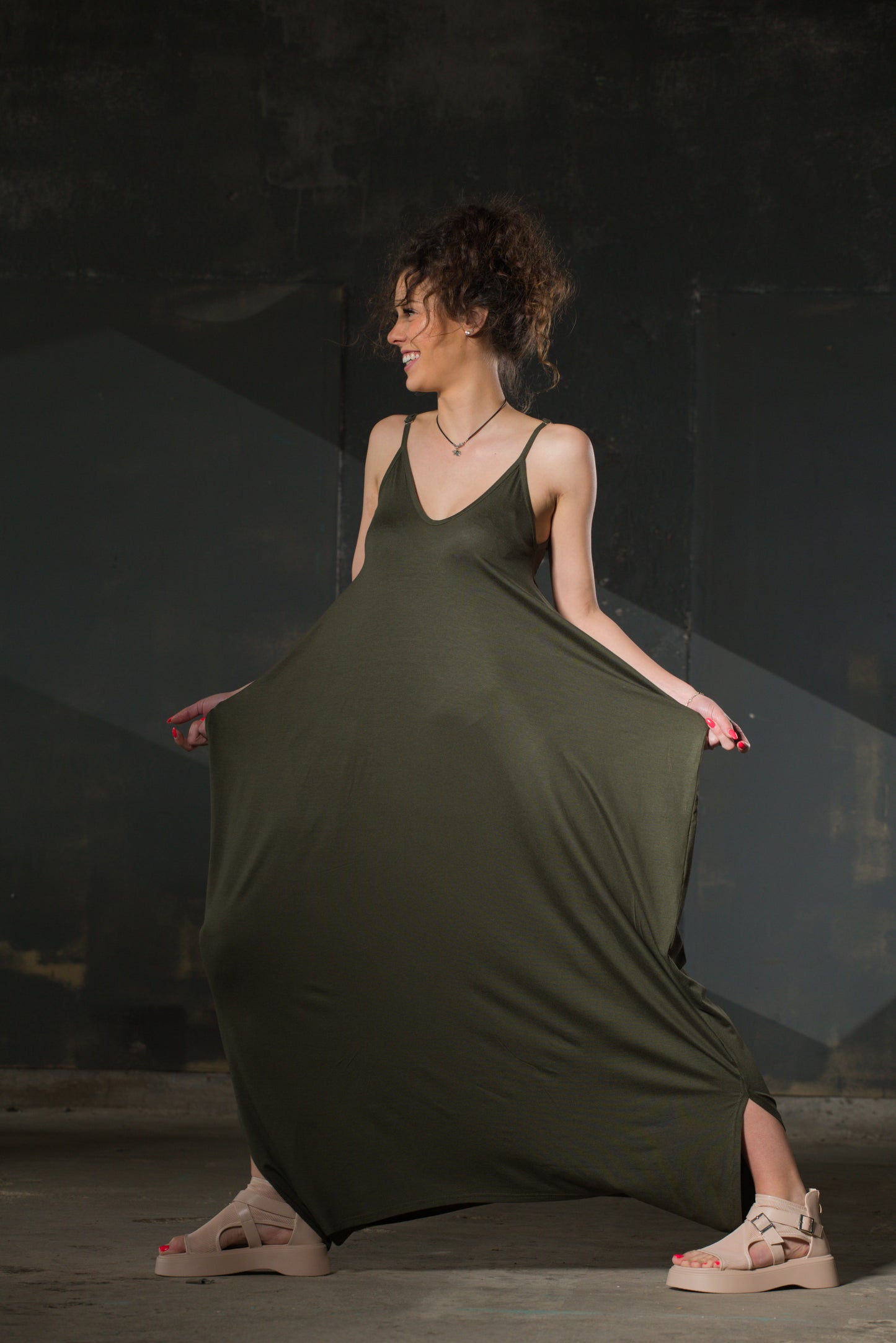 Olive Spaghetti-Strap Draped Maxi — Jersey