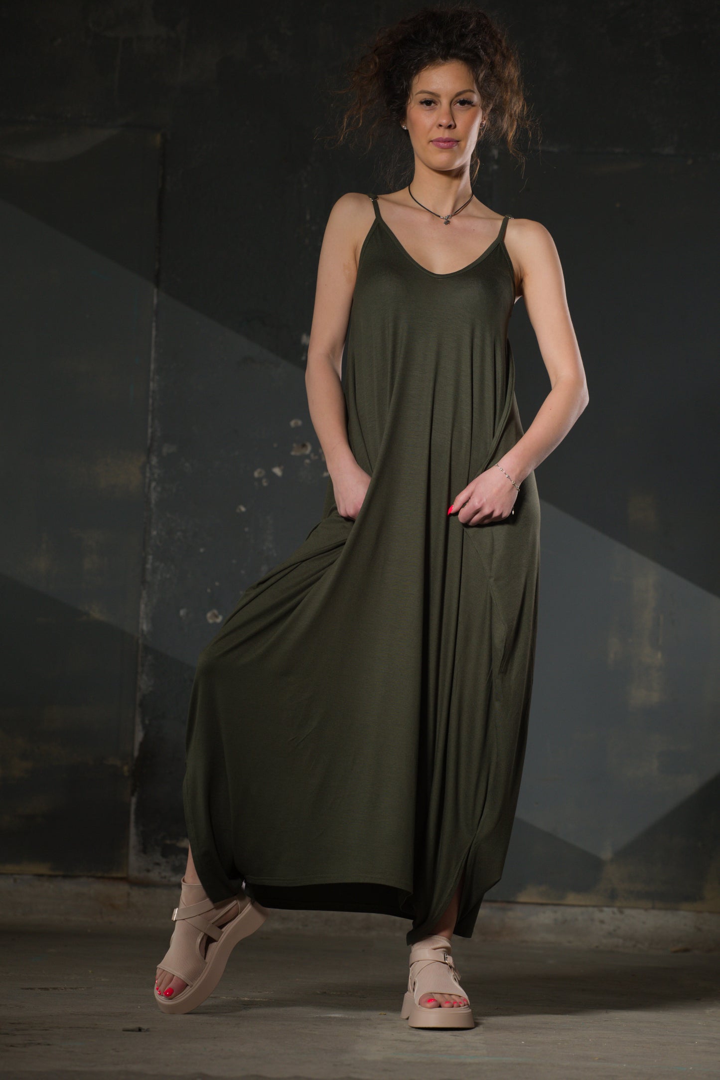 Olive Spaghetti-Strap Draped Maxi — Jersey