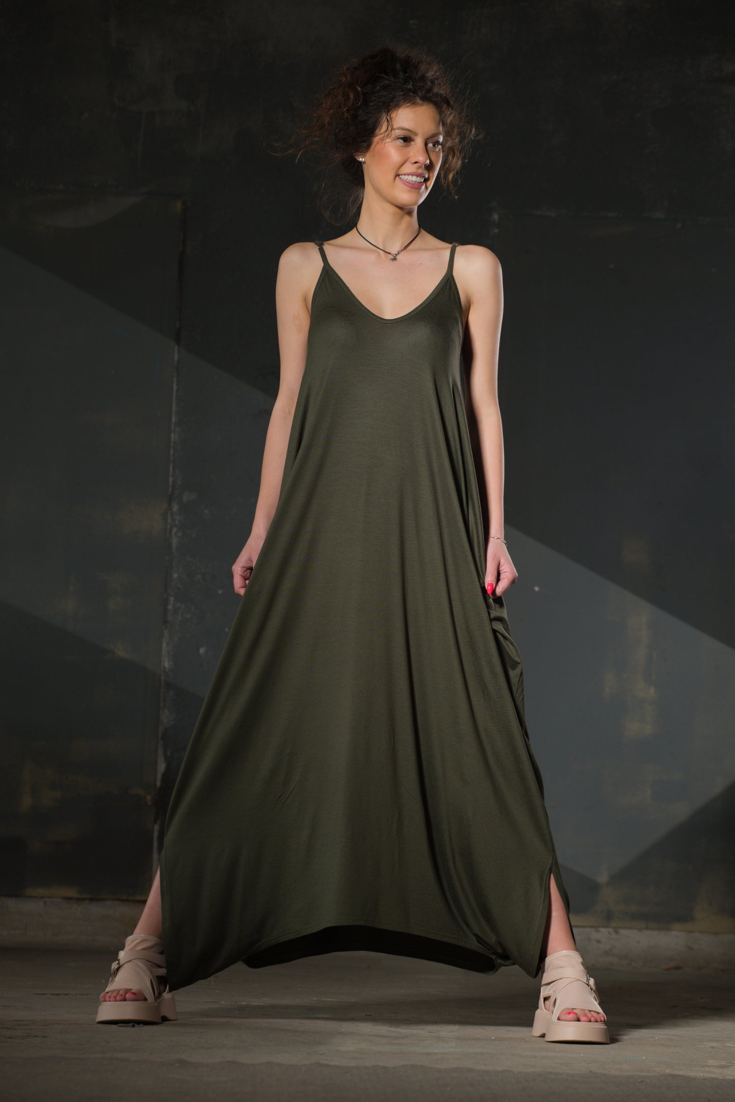 Olive Spaghetti-Strap Draped Maxi — Jersey