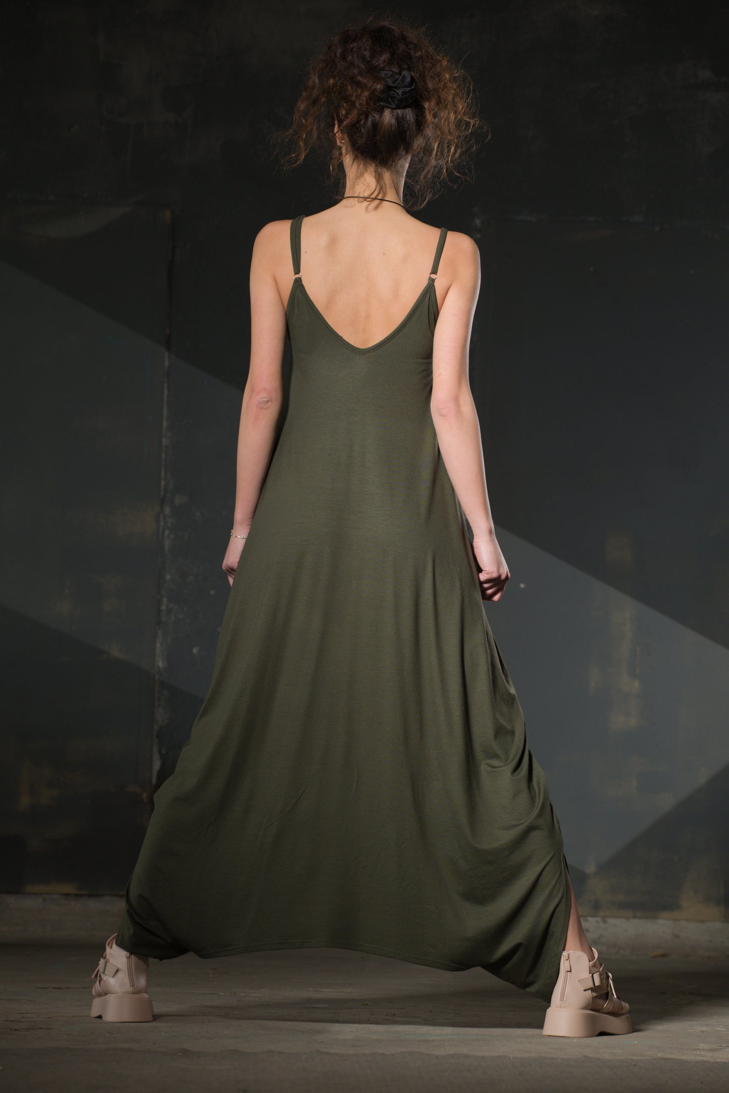 Olive Spaghetti-Strap Draped Maxi — Jersey