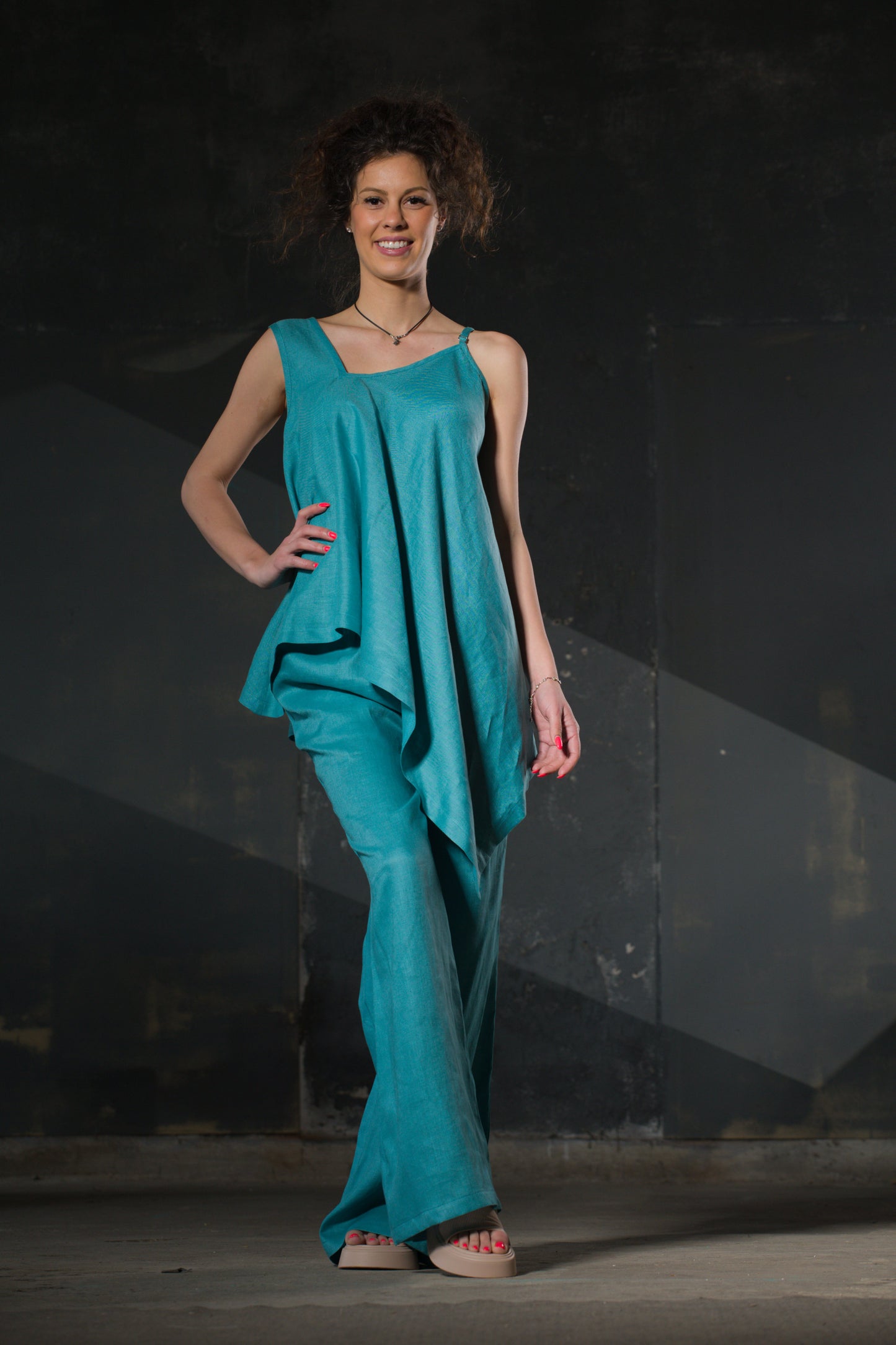 Turquoise Asymmetric Linen Cami Top — Mixed Straps