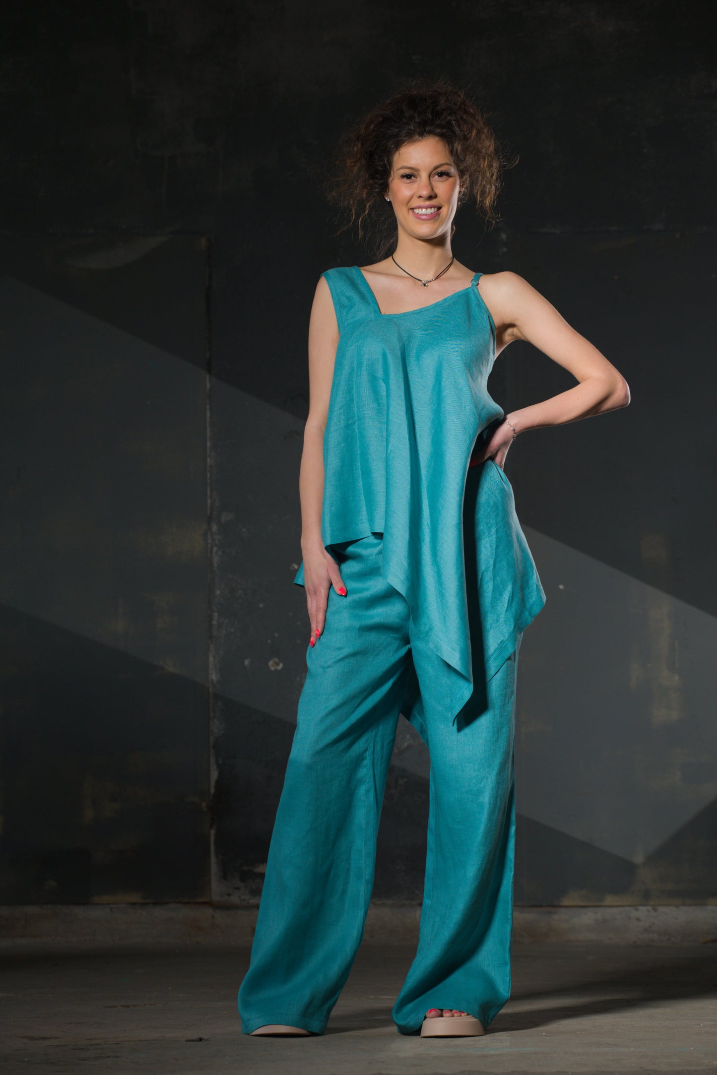 Turquoise Asymmetric Linen Cami Top — Mixed Straps