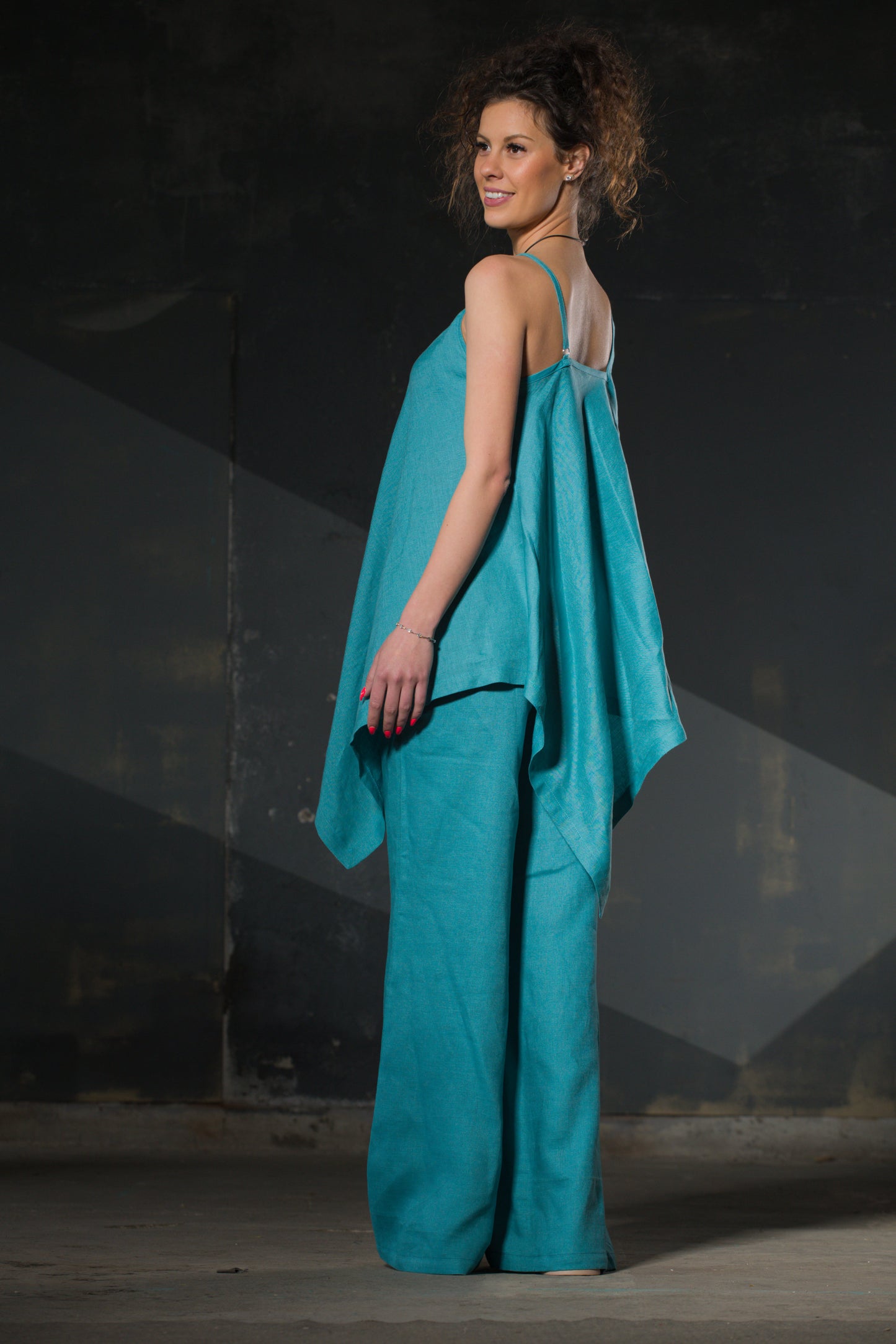 Turquoise Asymmetric Linen Cami Top — Mixed Straps