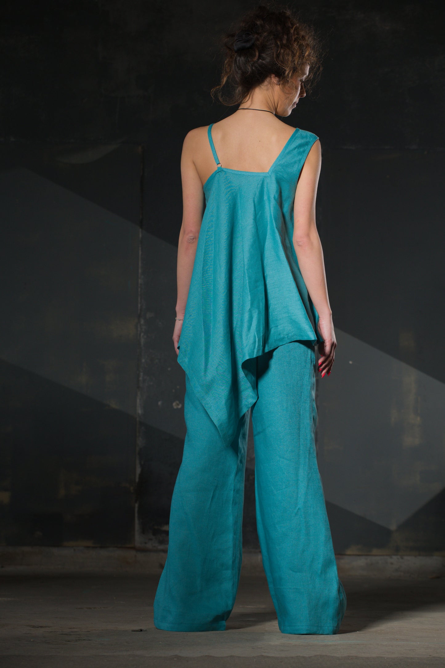 Turquoise Asymmetric Linen Cami Top — Mixed Straps