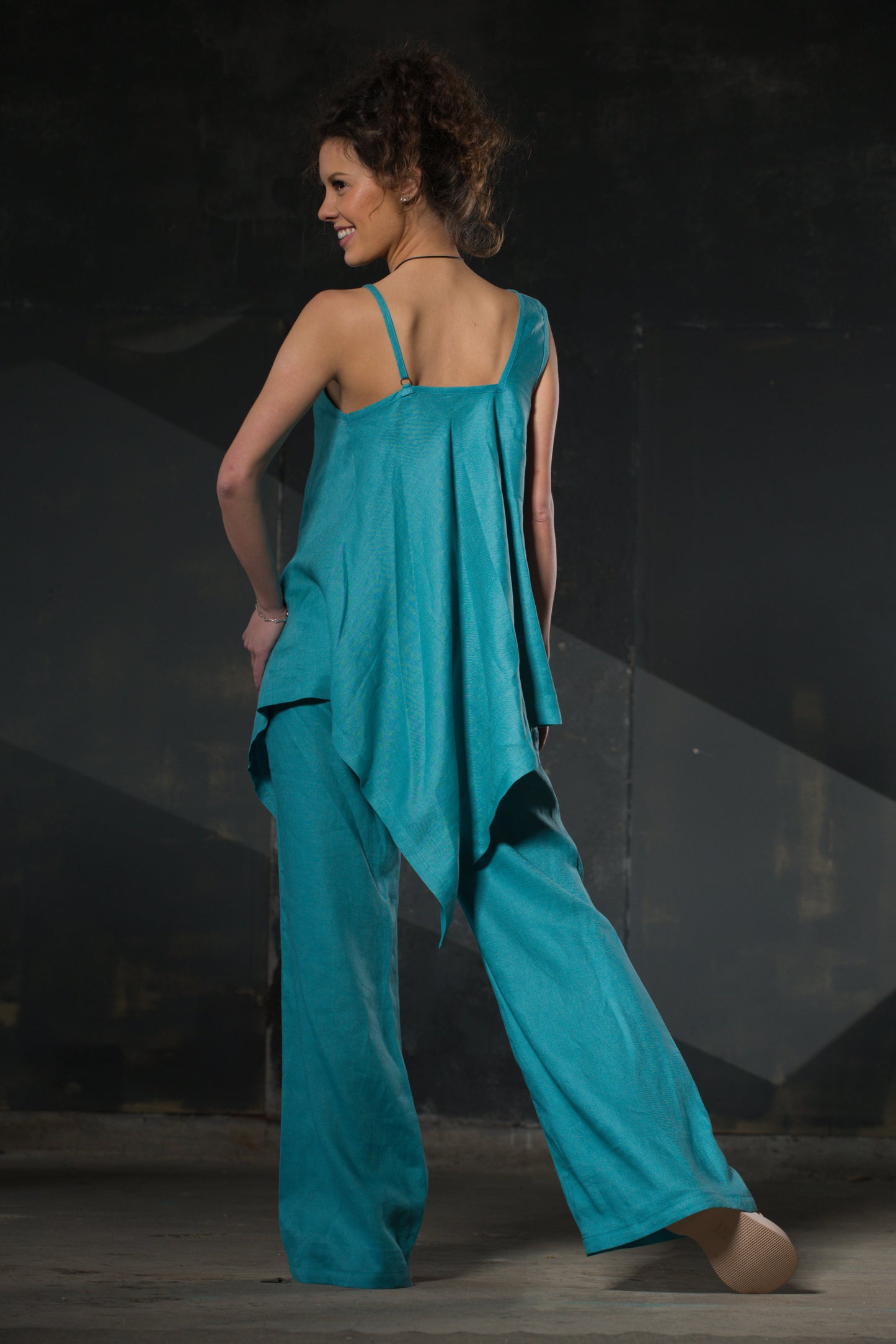 Turquoise Asymmetric Linen Cami Top — Mixed Straps