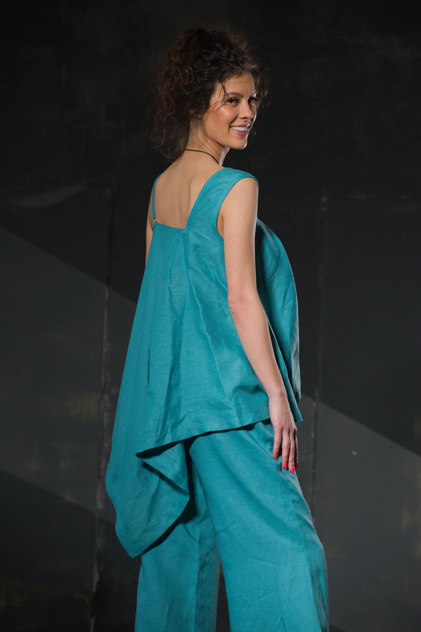 Turquoise Asymmetric Linen Cami Top — Mixed Straps