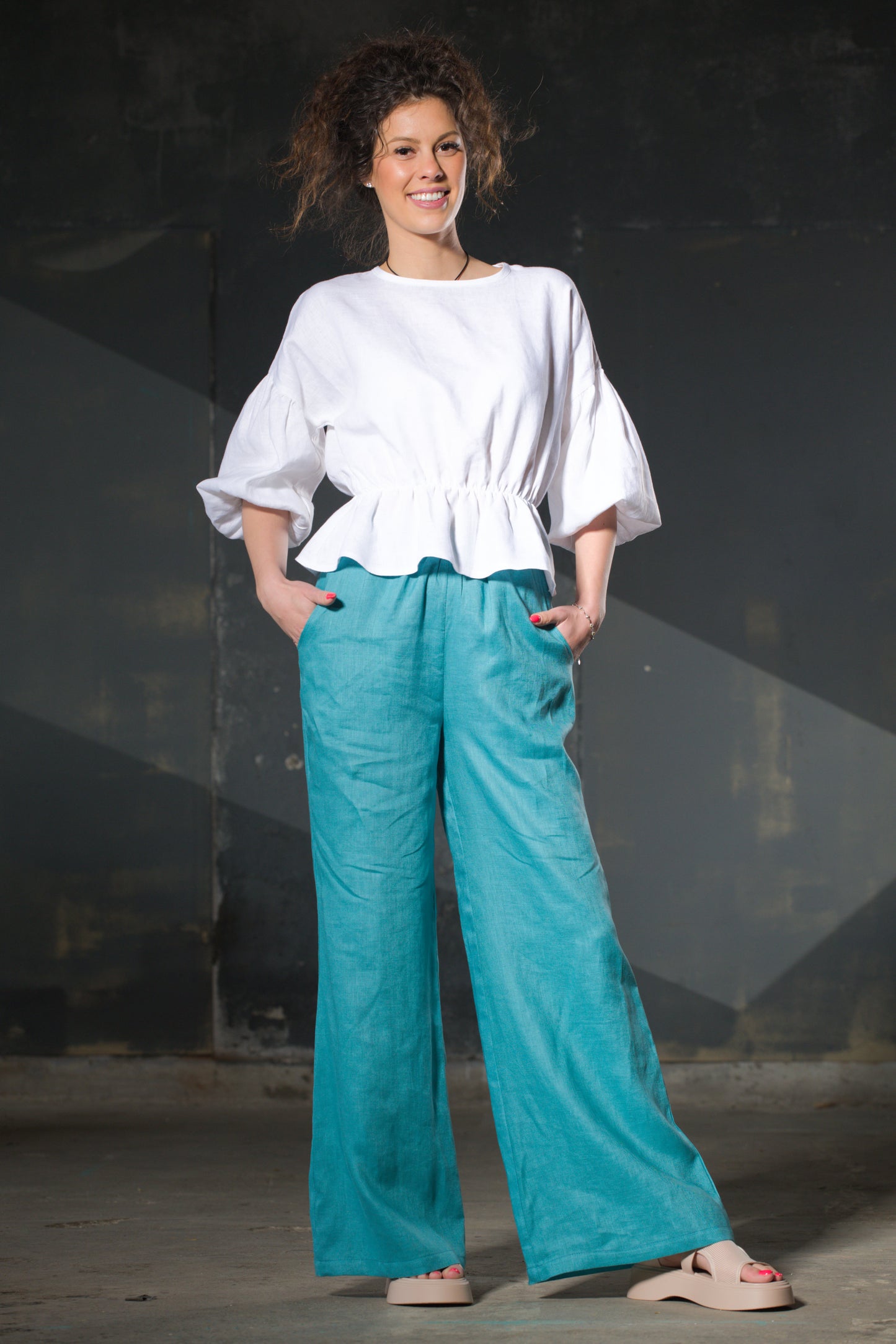 Turquoise Wide-Leg Linen Trousers — Pockets
