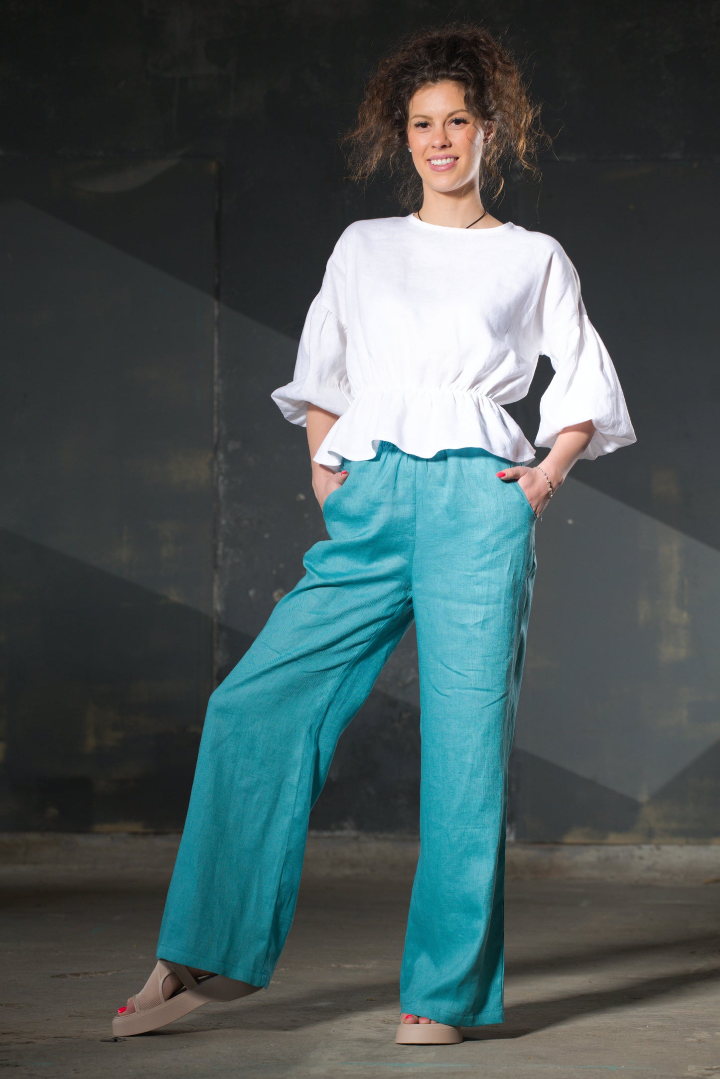 Turquoise Wide-Leg Linen Trousers — Pockets