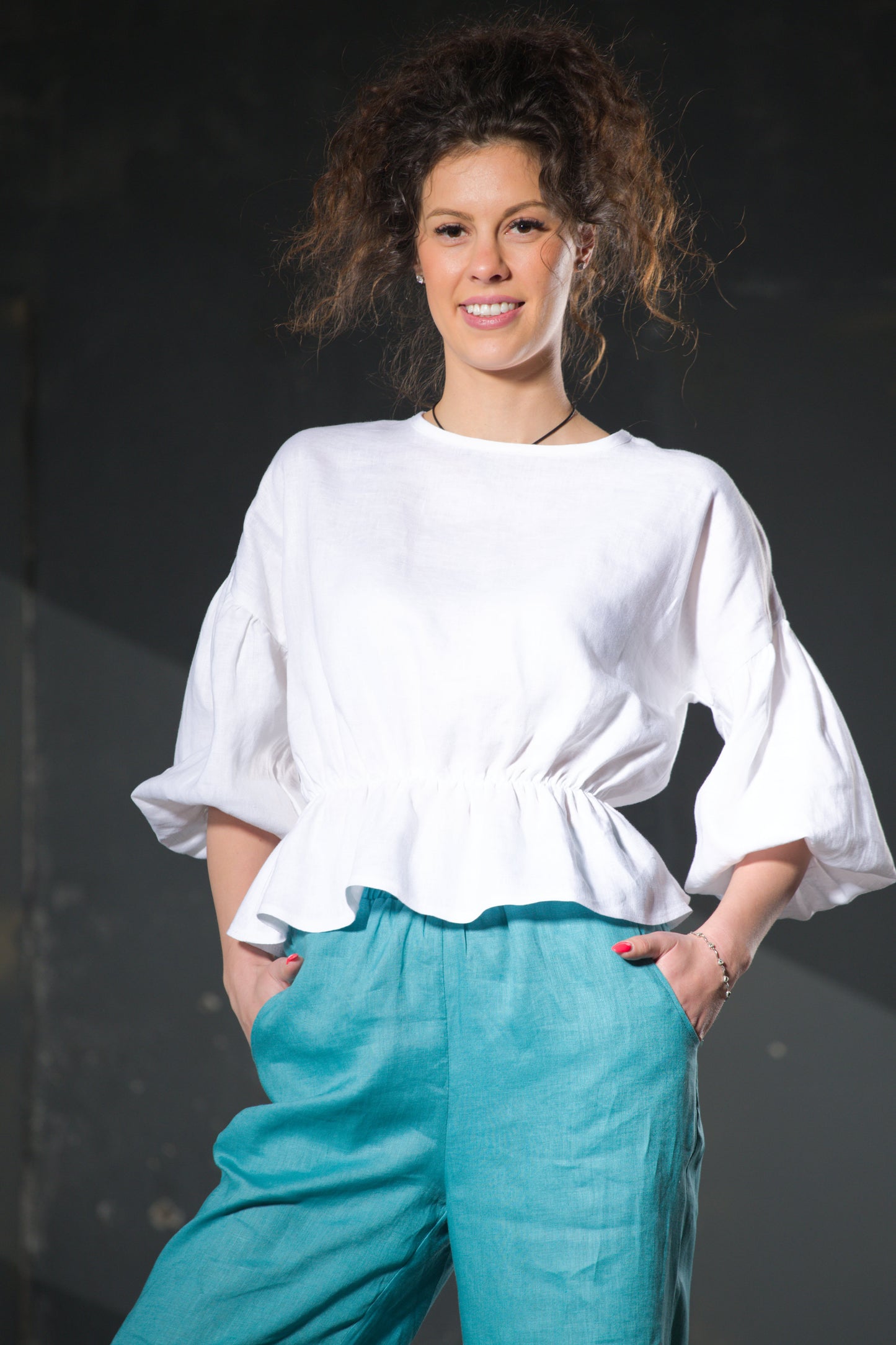 Turquoise Wide-Leg Linen Trousers — Pockets