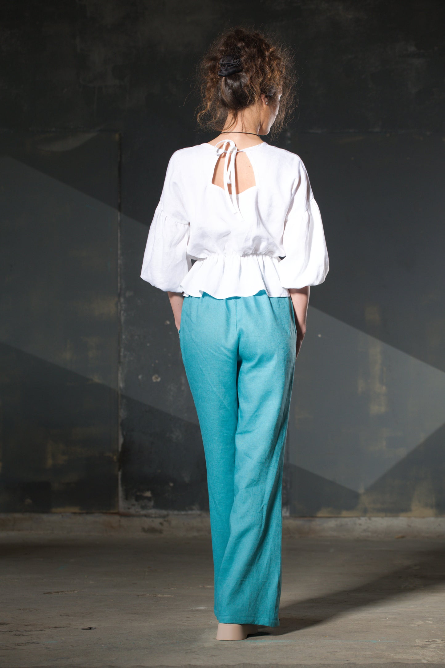 Turquoise Wide-Leg Linen Trousers — Pockets