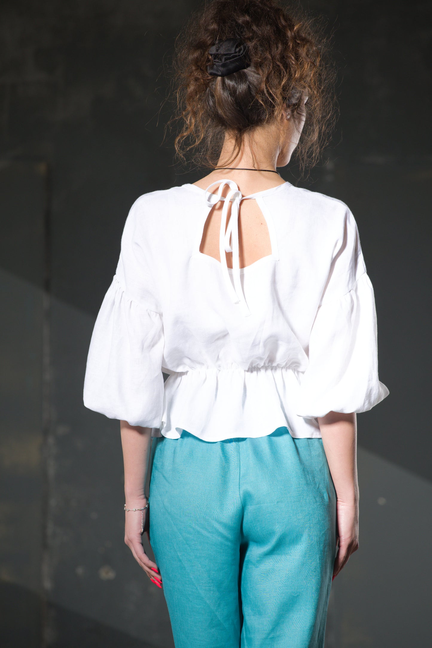 Turquoise Wide-Leg Linen Trousers — Pockets