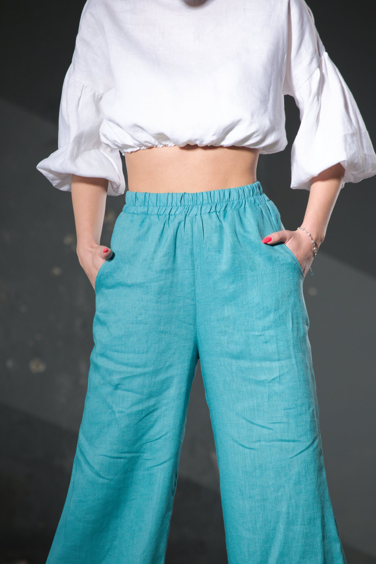 Turquoise Wide-Leg Linen Trousers — Pockets