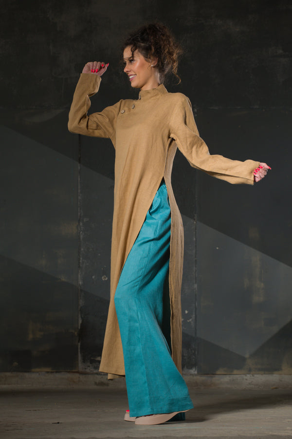 Sand Linen Tunic — Asymmetric Collar, Side Slits — handmade by Souls in Clothes