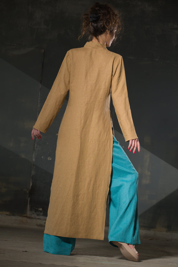 Sand Linen Tunic — Asymmetric Collar, Side Slits