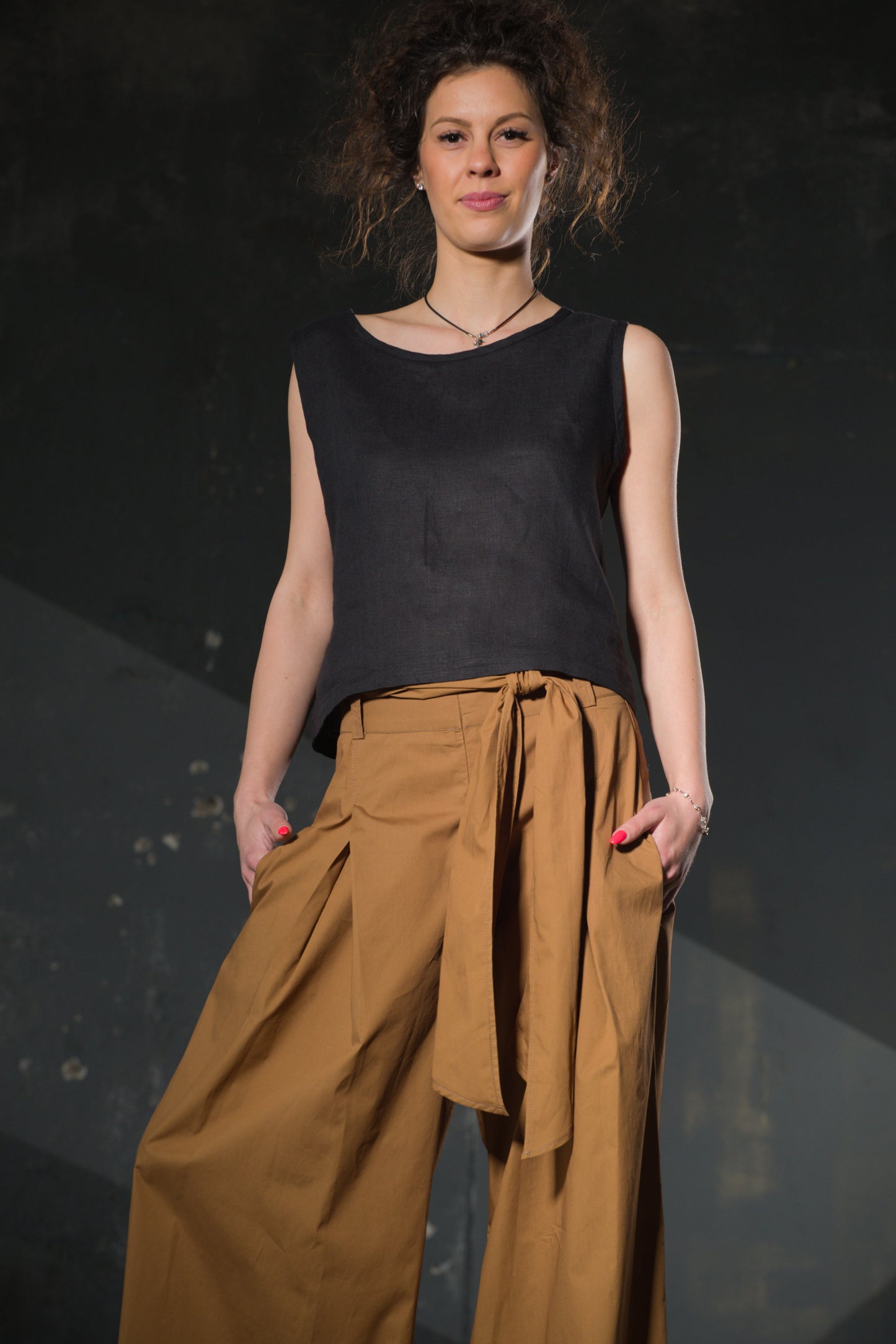 Sand Linen Tunic — Asymmetric Collar, Side Slits