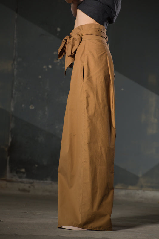 Caramel Wide-Leg Belted Trousers — Cotton