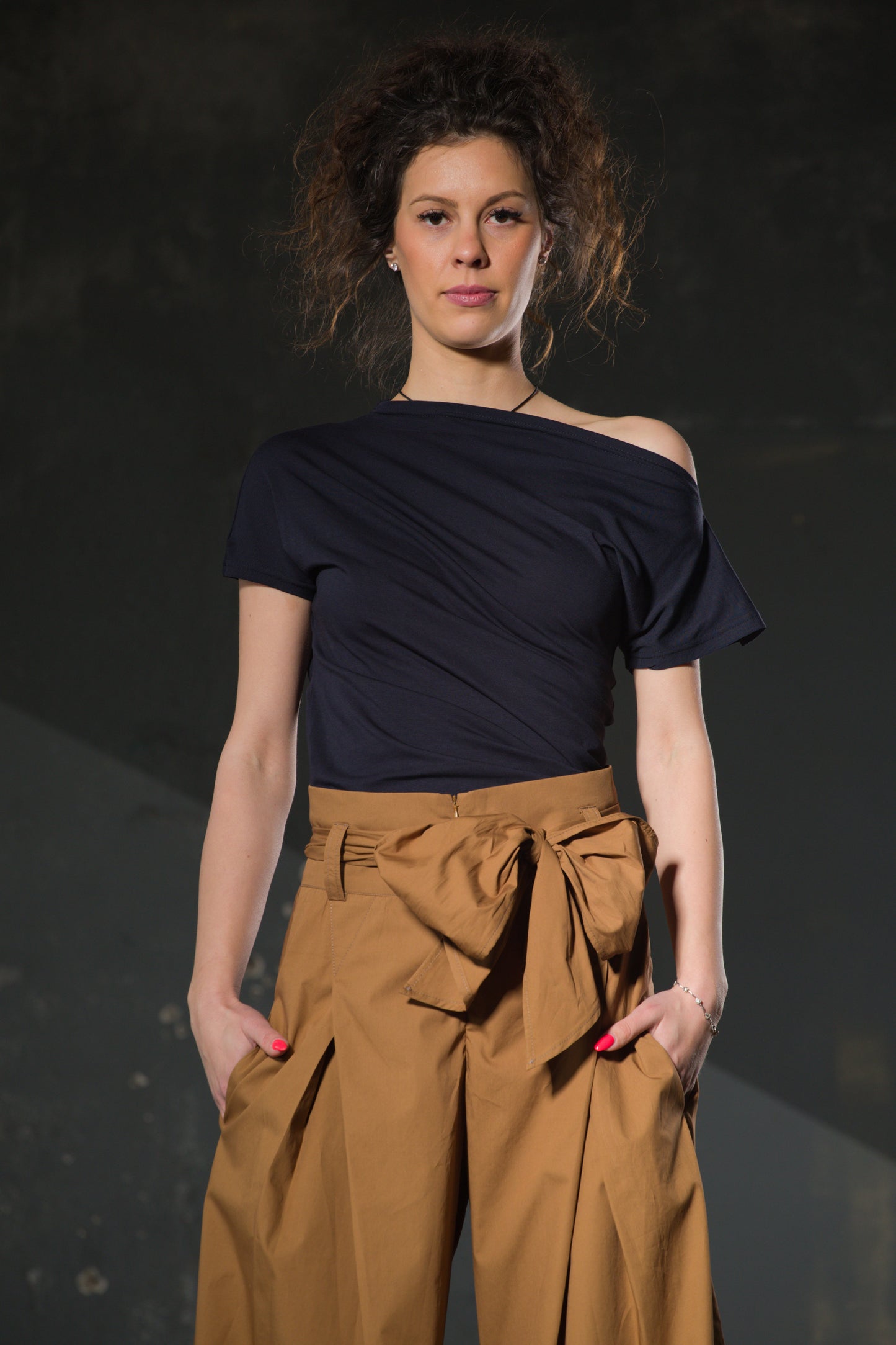 Caramel Wide-Leg Belted Trousers — Cotton