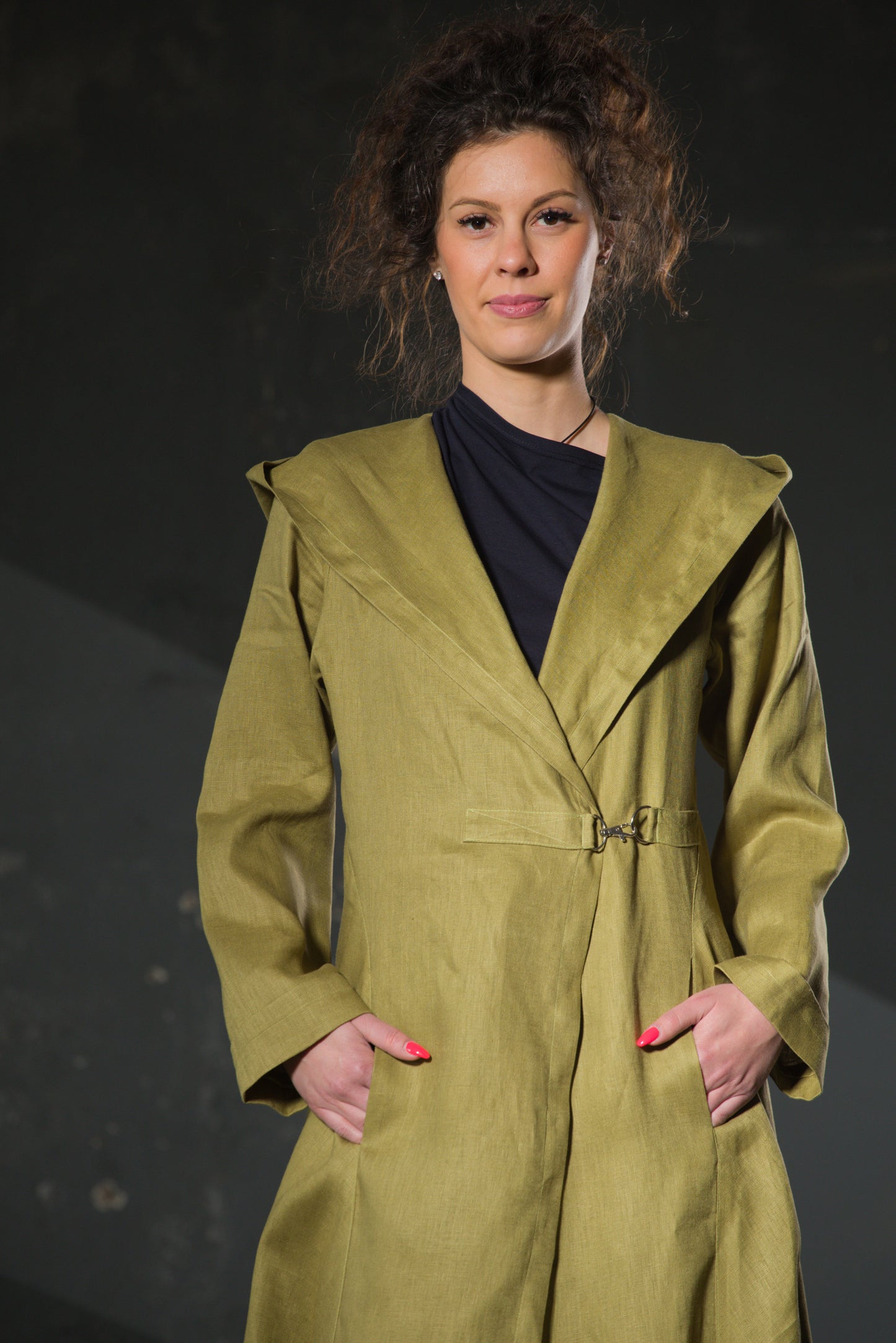 Olive Hooded Maxi Coat — Belted, Asymmetric Hem