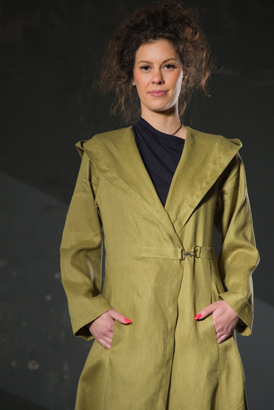 Olive Hooded Maxi Coat — Belted, Asymmetric Hem