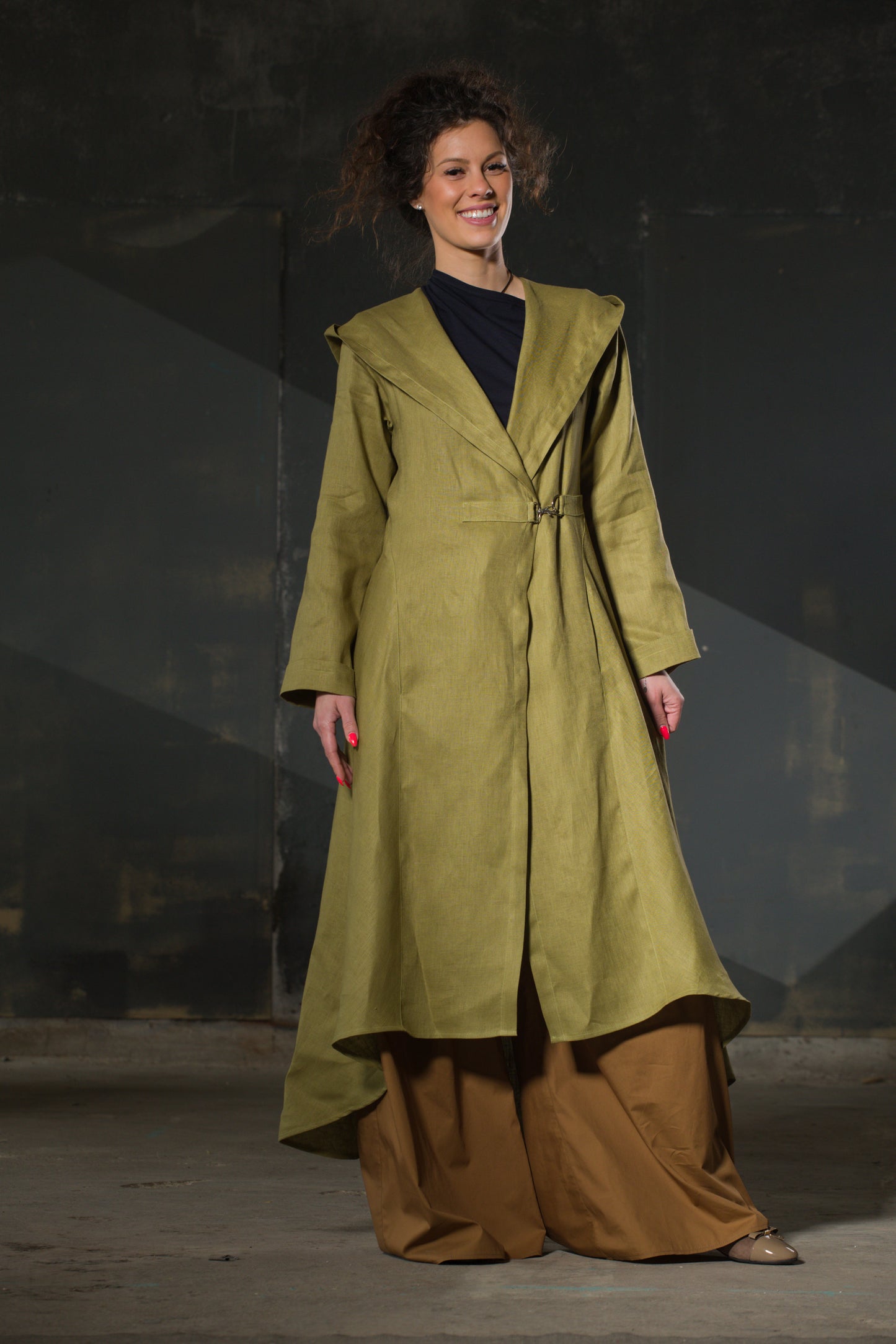 Olive Hooded Maxi Coat — Belted, Asymmetric Hem