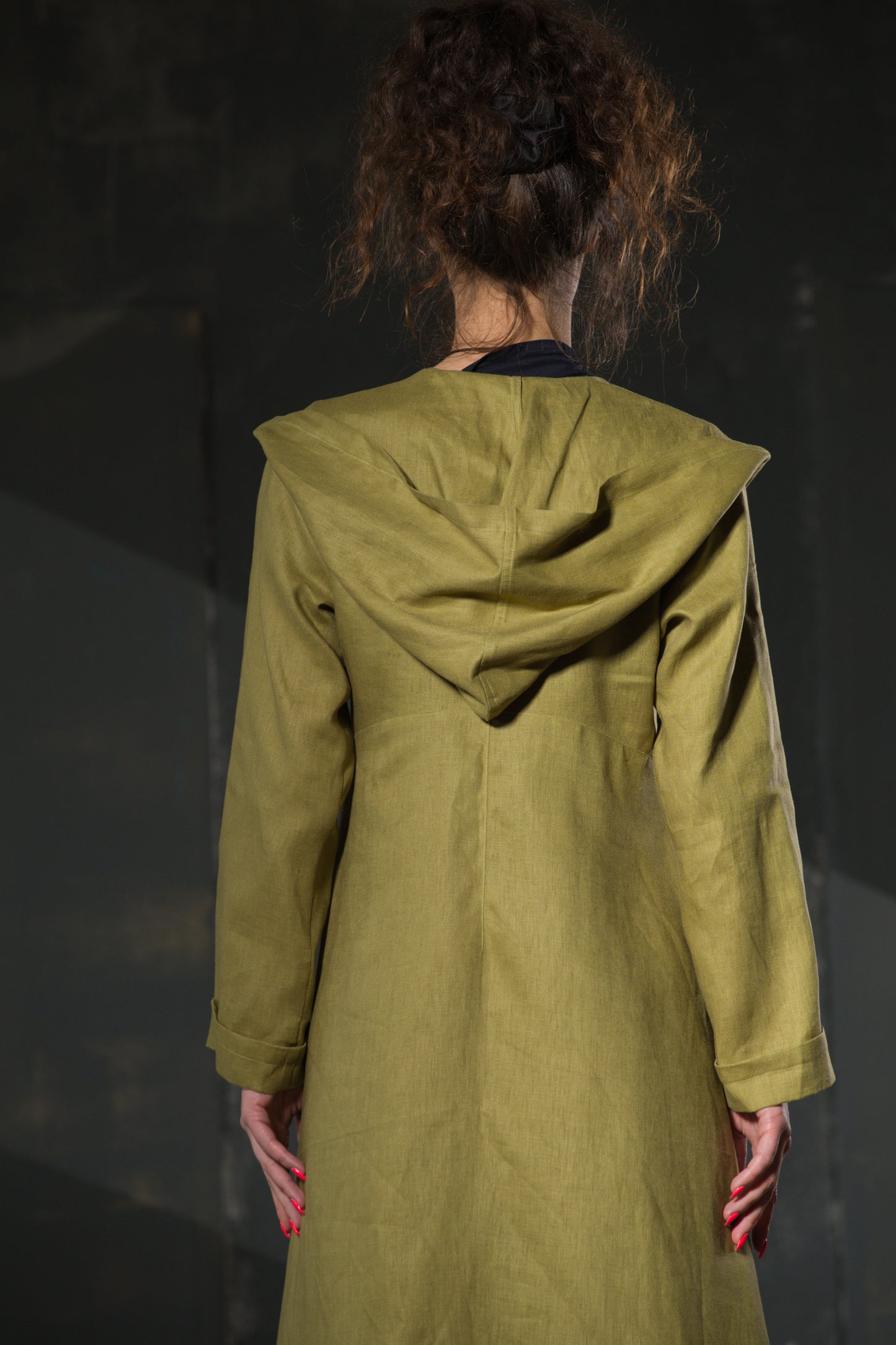 Olive Hooded Maxi Coat — Belted, Asymmetric Hem