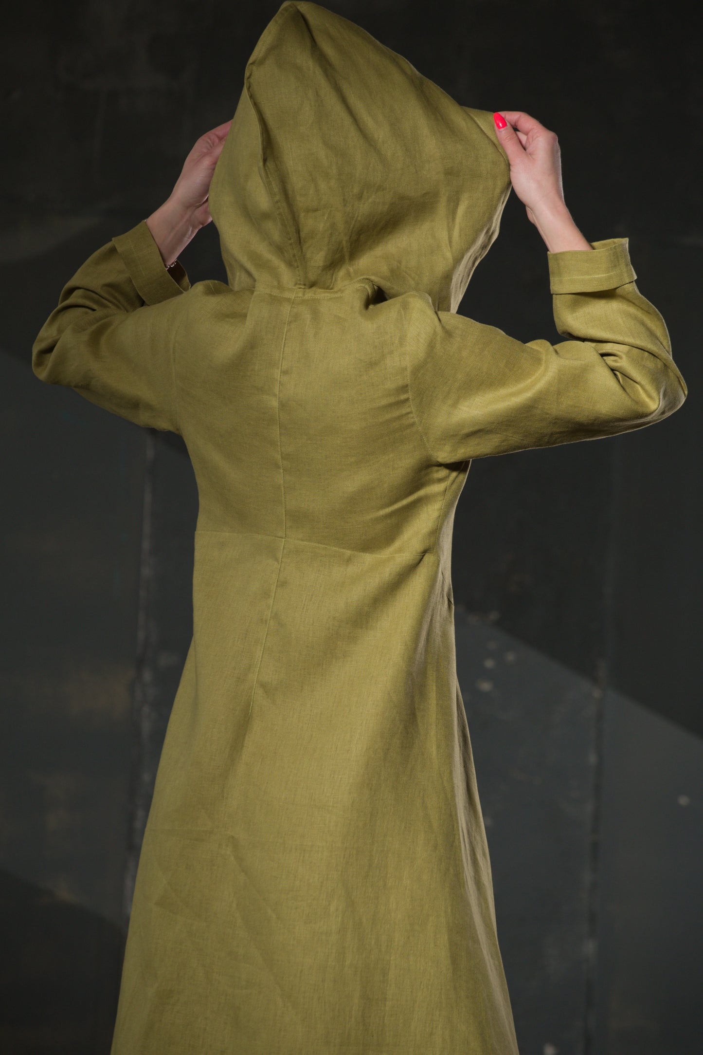 Olive Hooded Maxi Coat — Belted, Asymmetric Hem