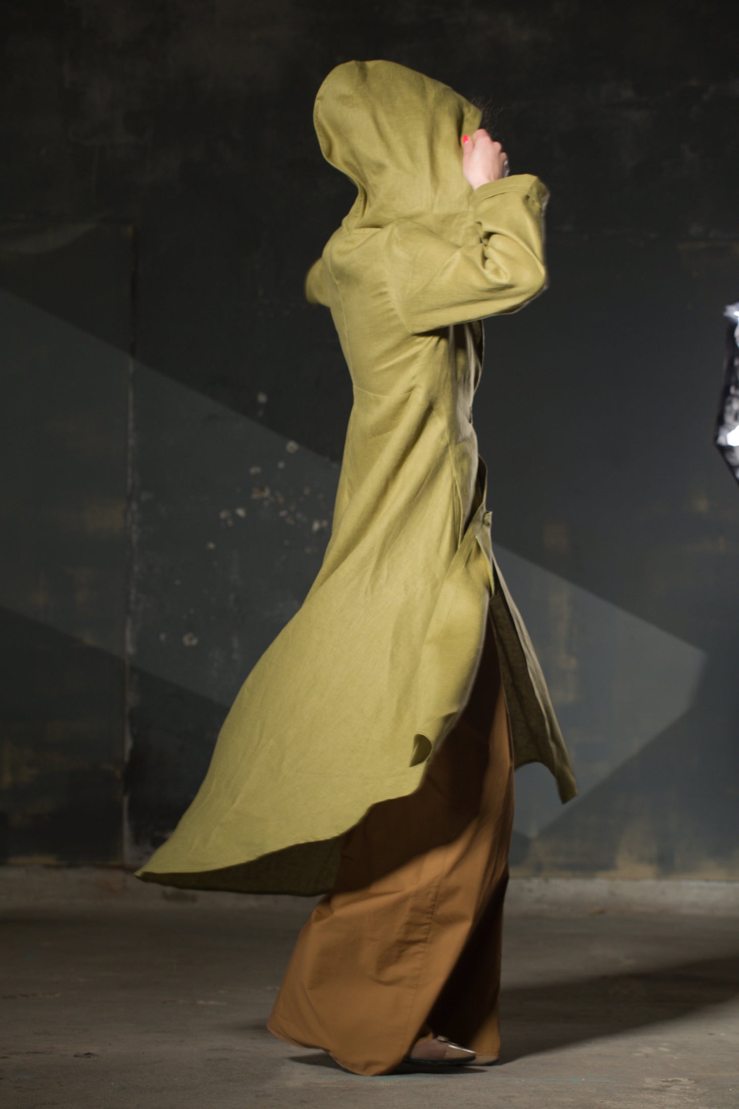 Olive Hooded Maxi Coat — Belted, Asymmetric Hem