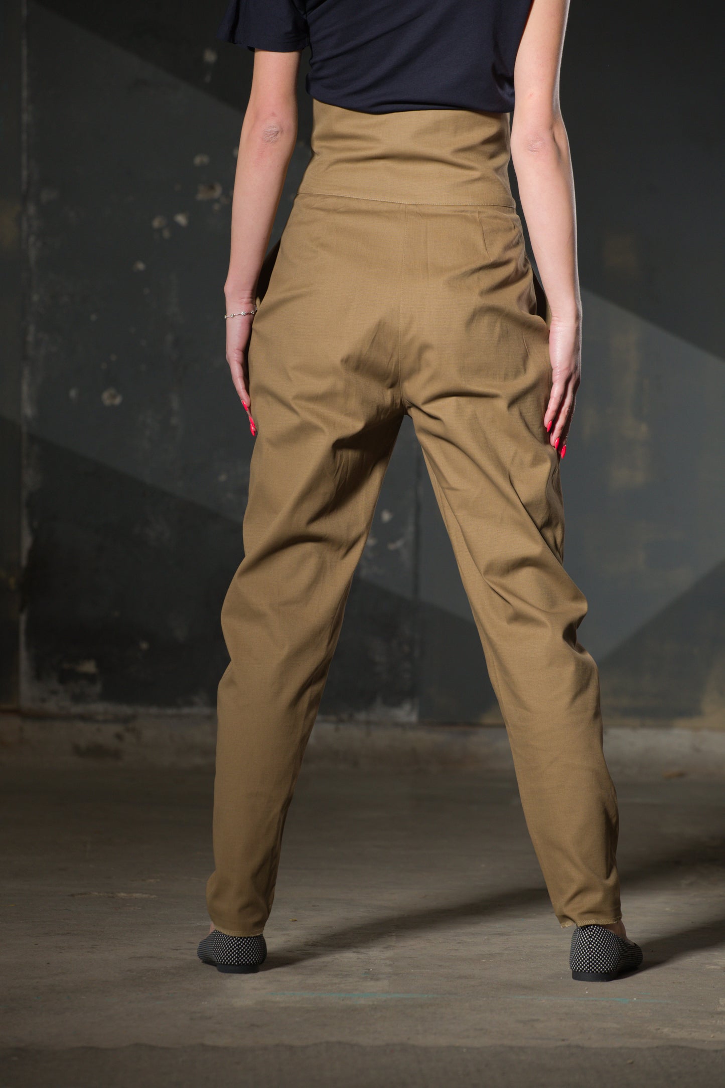 Dark Beige High-Waist Tapered Trousers — Button Front