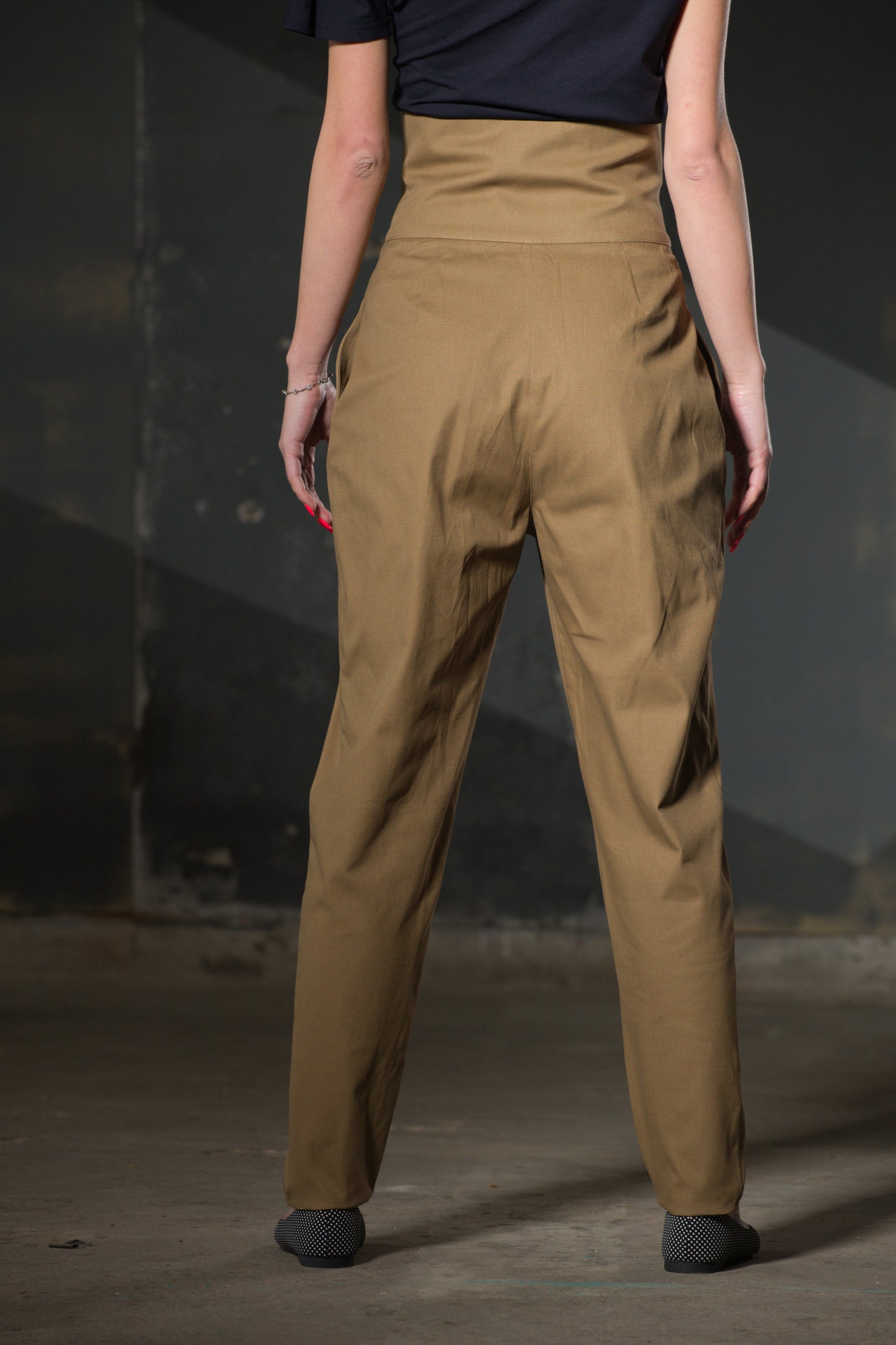 Dark Beige High-Waist Tapered Trousers — Button Front