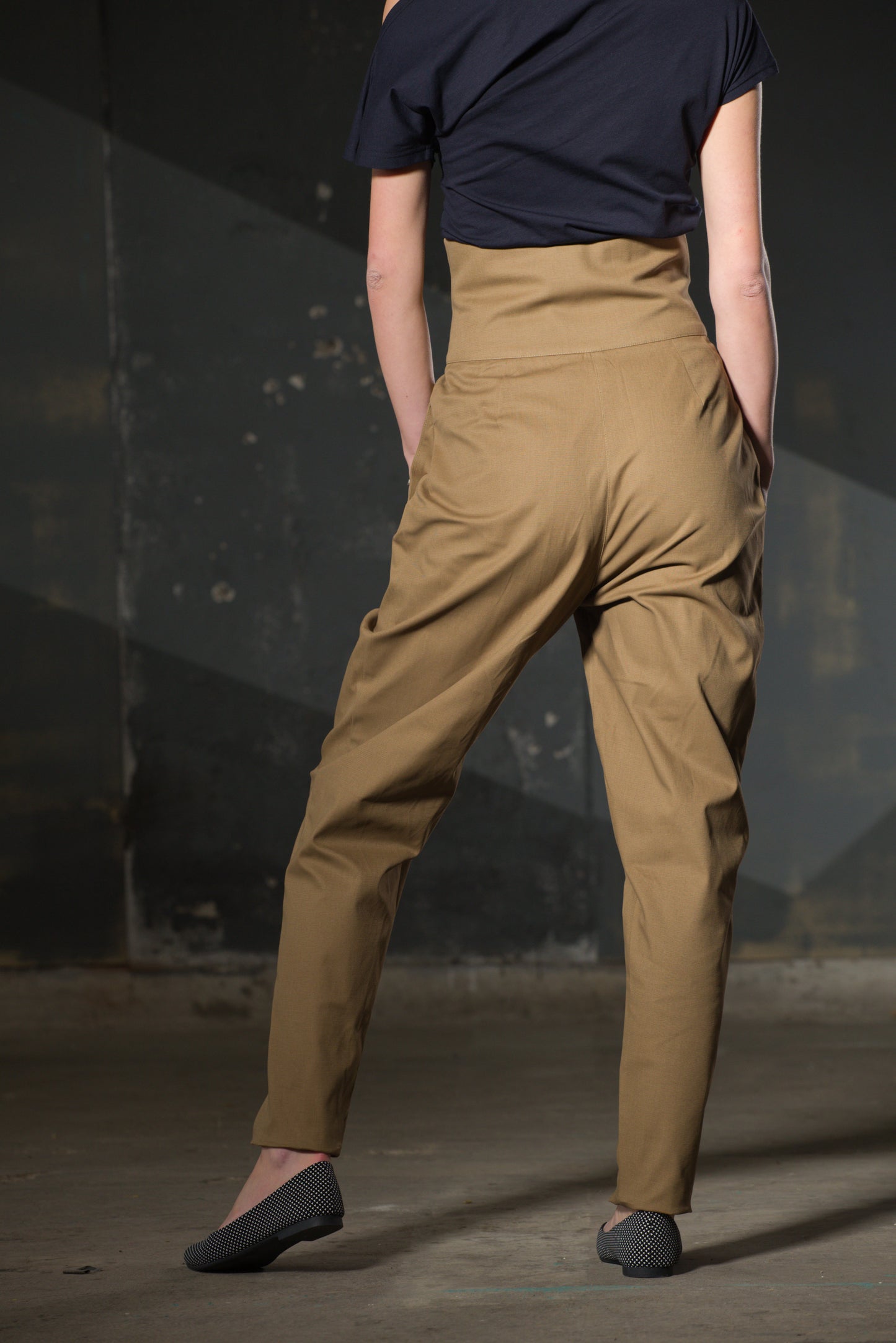 Dark Beige High-Waist Tapered Trousers — Button Front