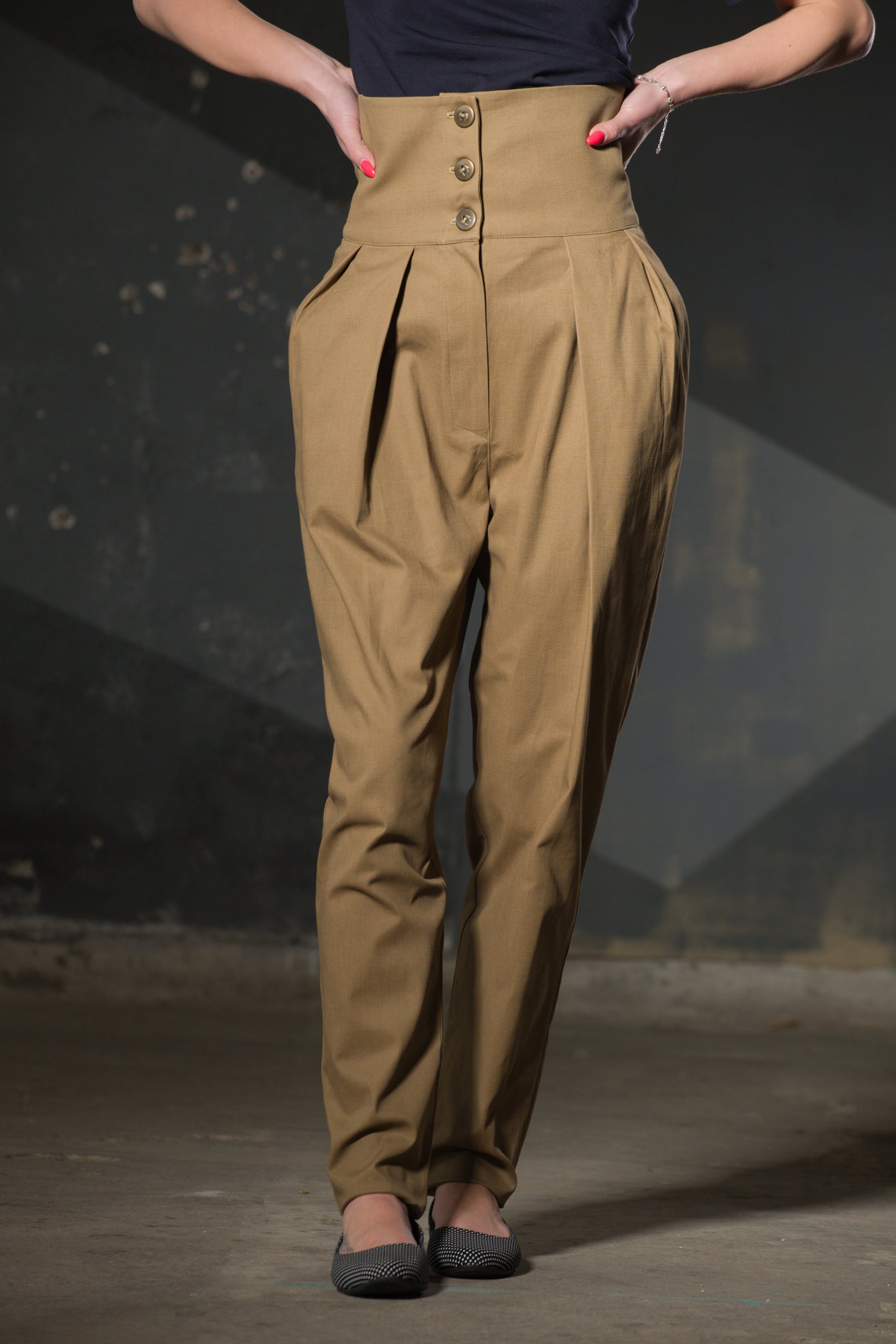 Dark Beige High-Waist Tapered Trousers — Button Front