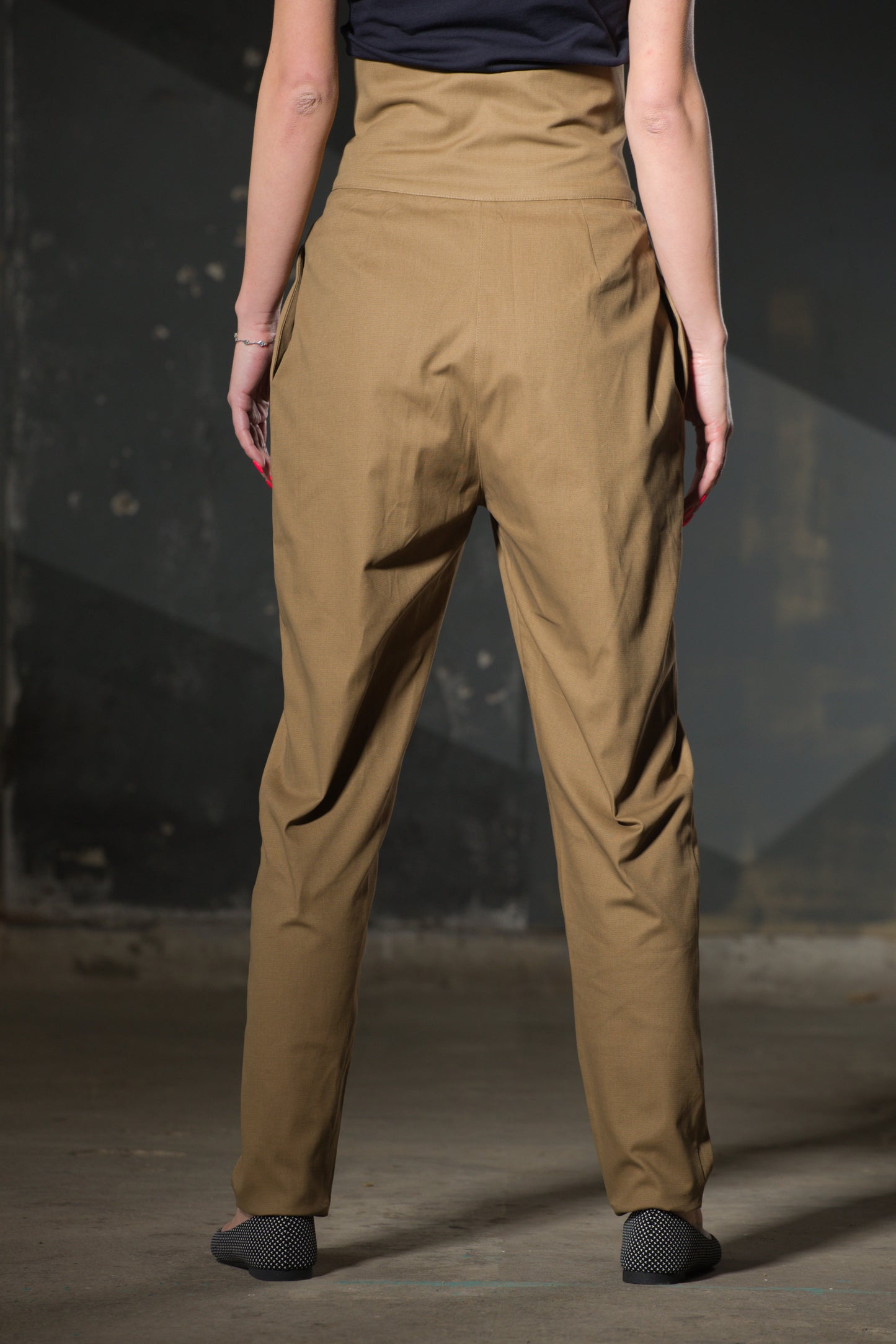 Dark Beige High-Waist Tapered Trousers — Button Front