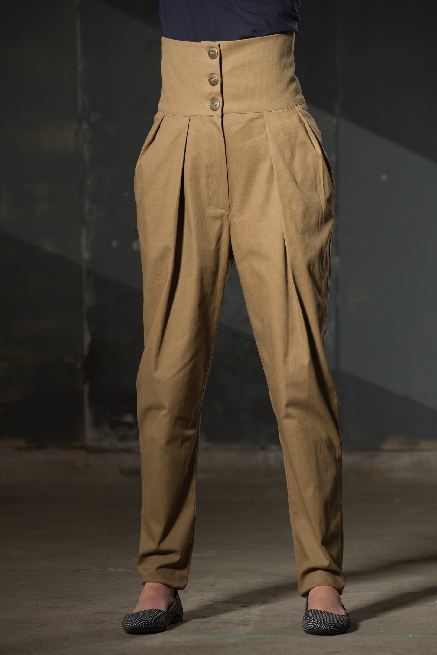 Dark Beige High-Waist Tapered Trousers — Button Front
