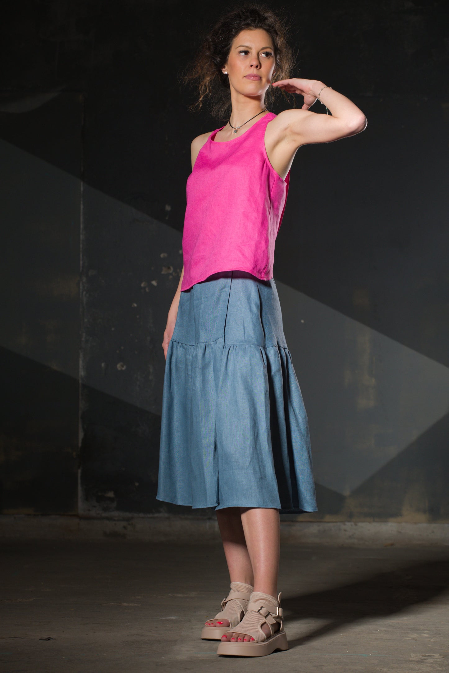 Hot Pink Linen Cami Top — Cross Back