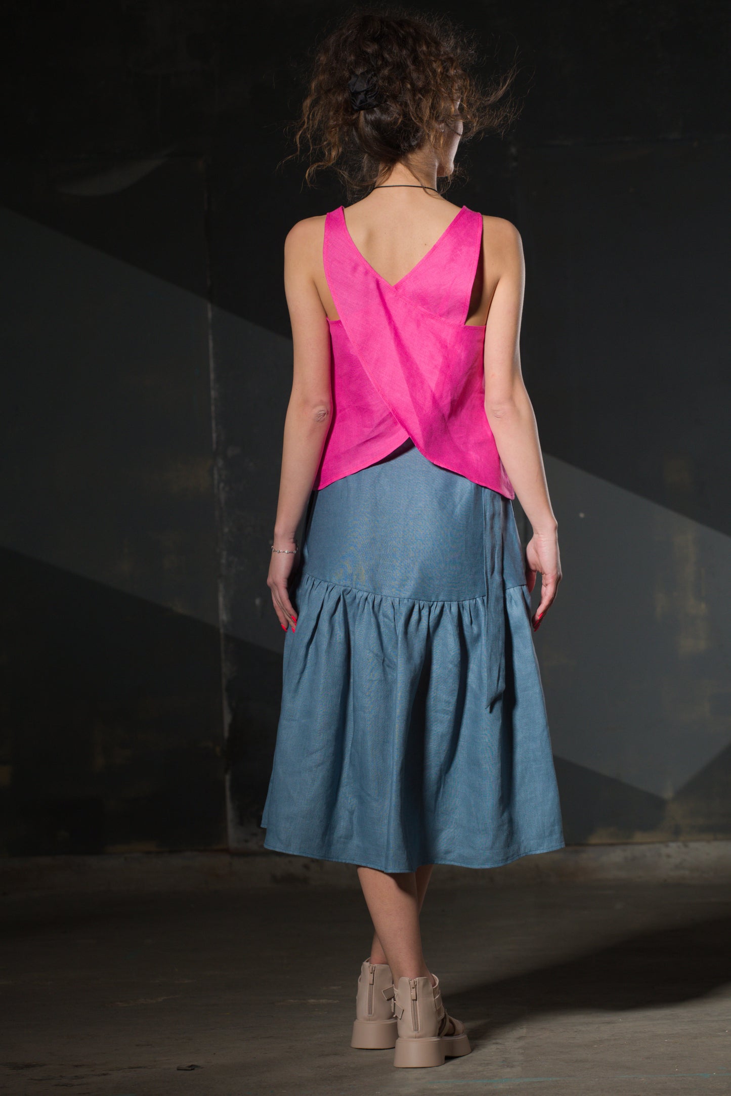 Chambray Tiered Midi Skirt — Pockets, Ruffle Hem