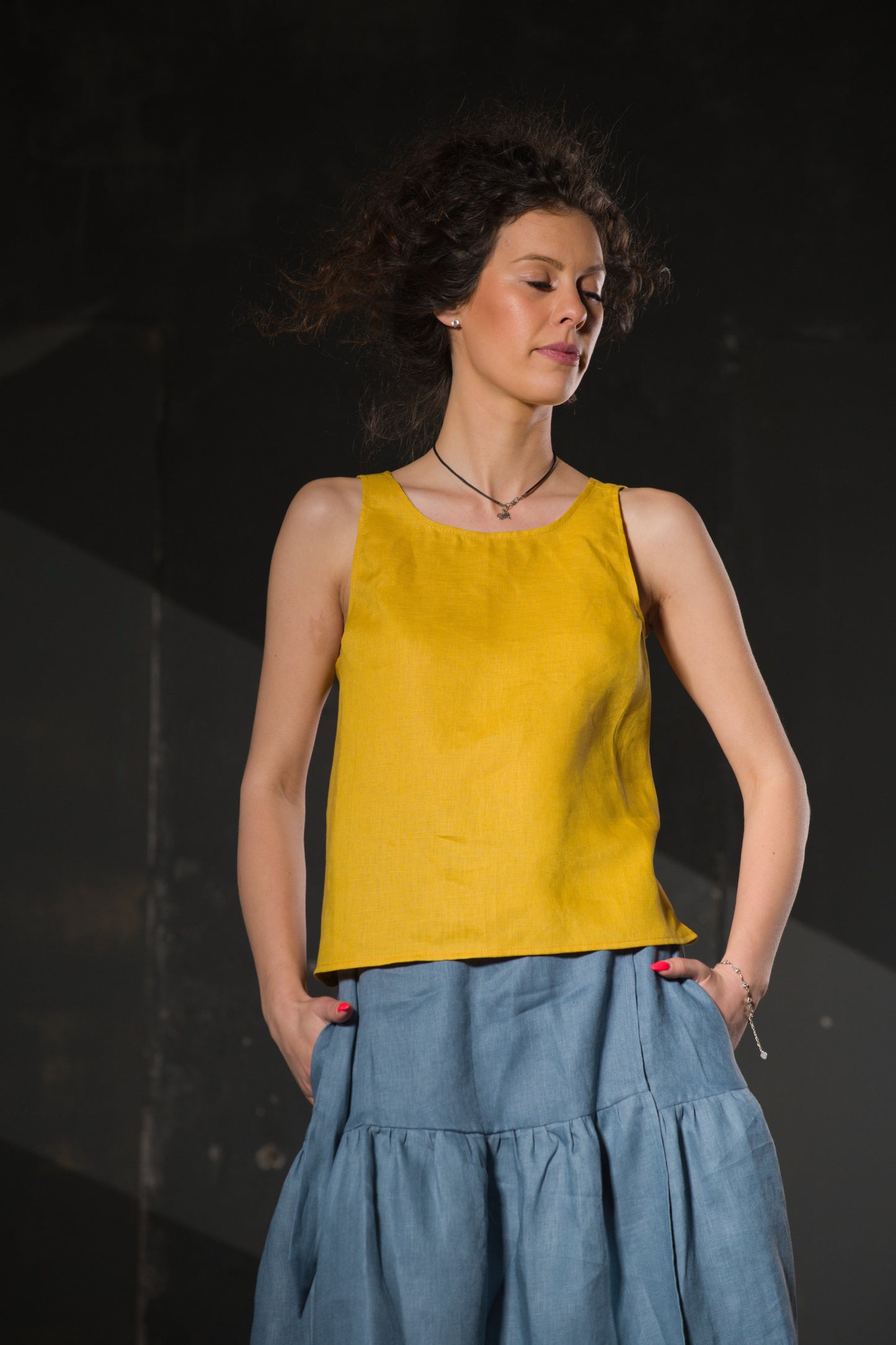 Mustard Linen Cami Top — Cross Back