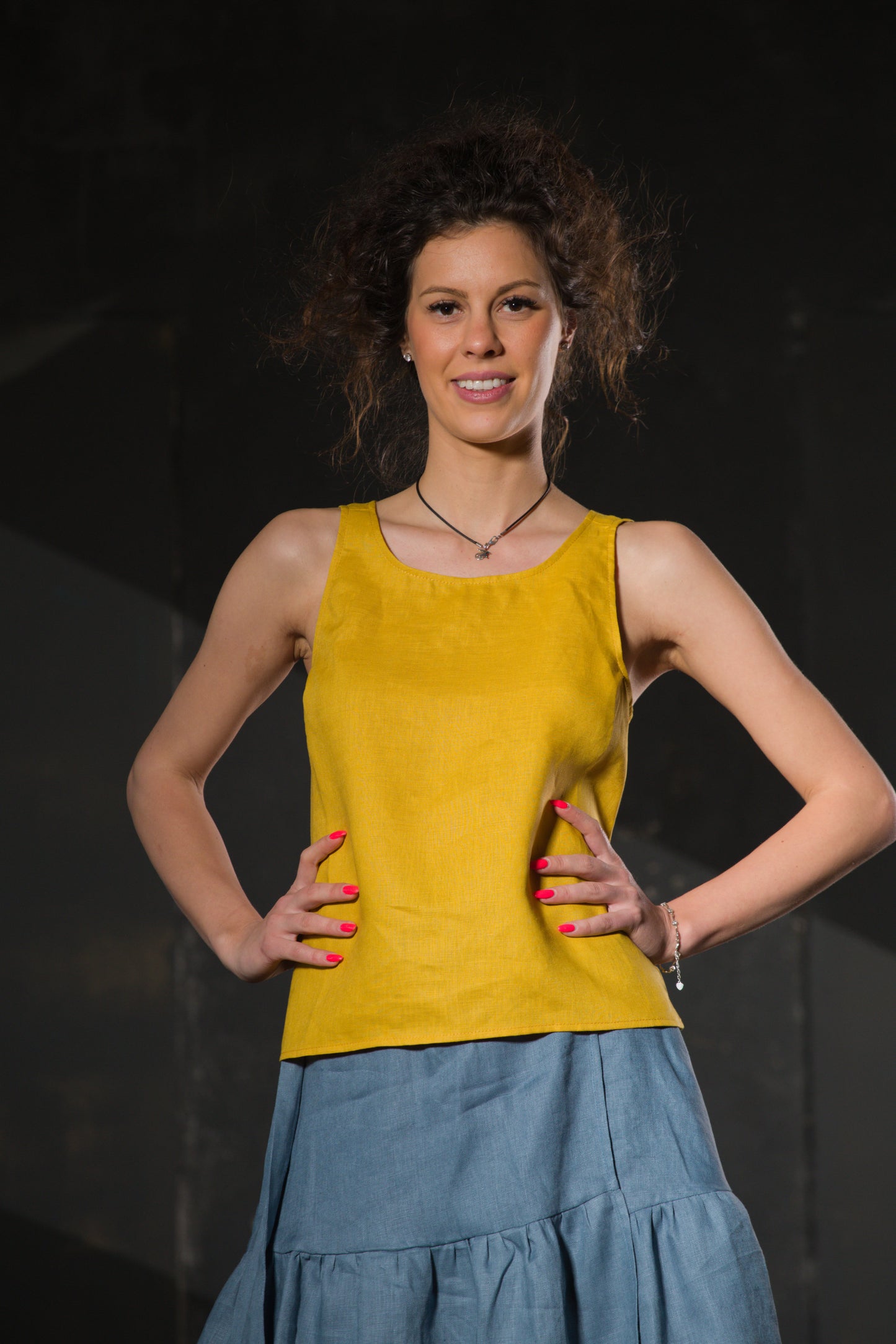 Chambray Tiered Midi Skirt — Pockets, Ruffle Hem