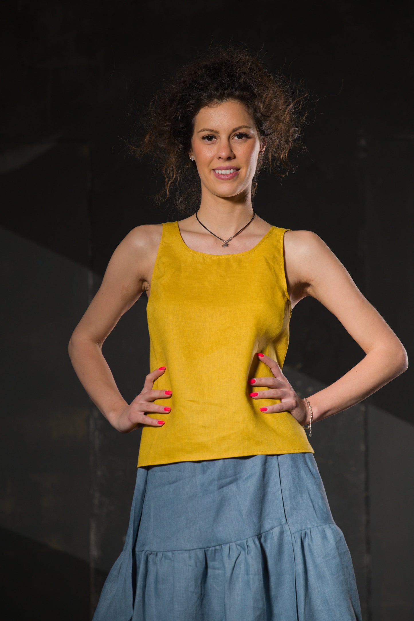 Mustard Linen Cami Top — Cross Back