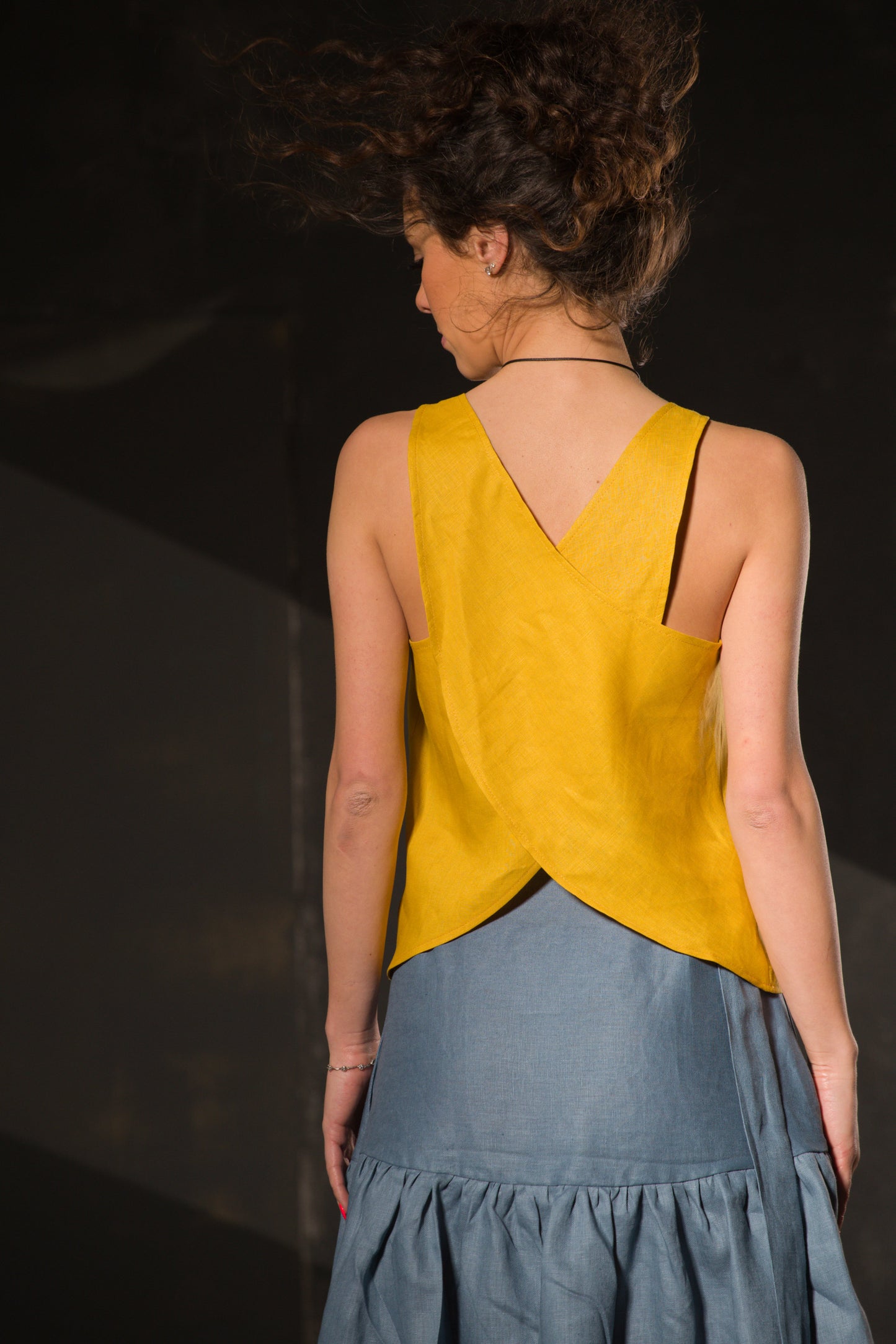 Mustard Linen Cami Top — Cross Back