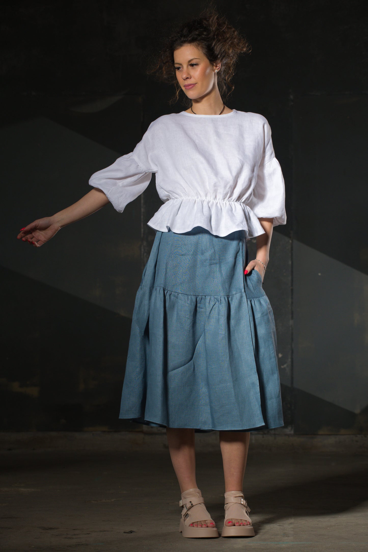 Chambray Tiered Midi Skirt — Pockets, Ruffle Hem