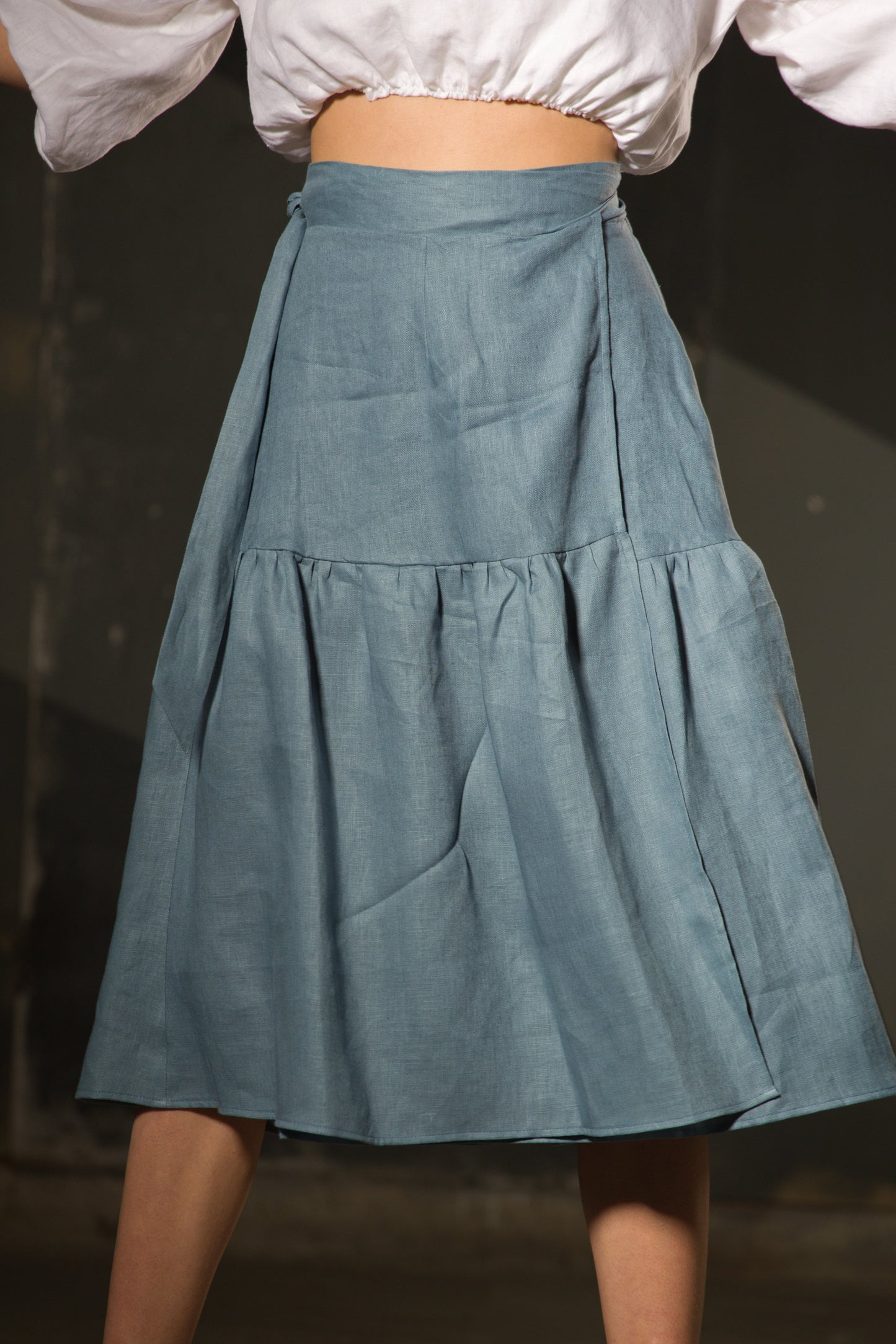 Chambray Tiered Midi Skirt — Pockets, Ruffle Hem