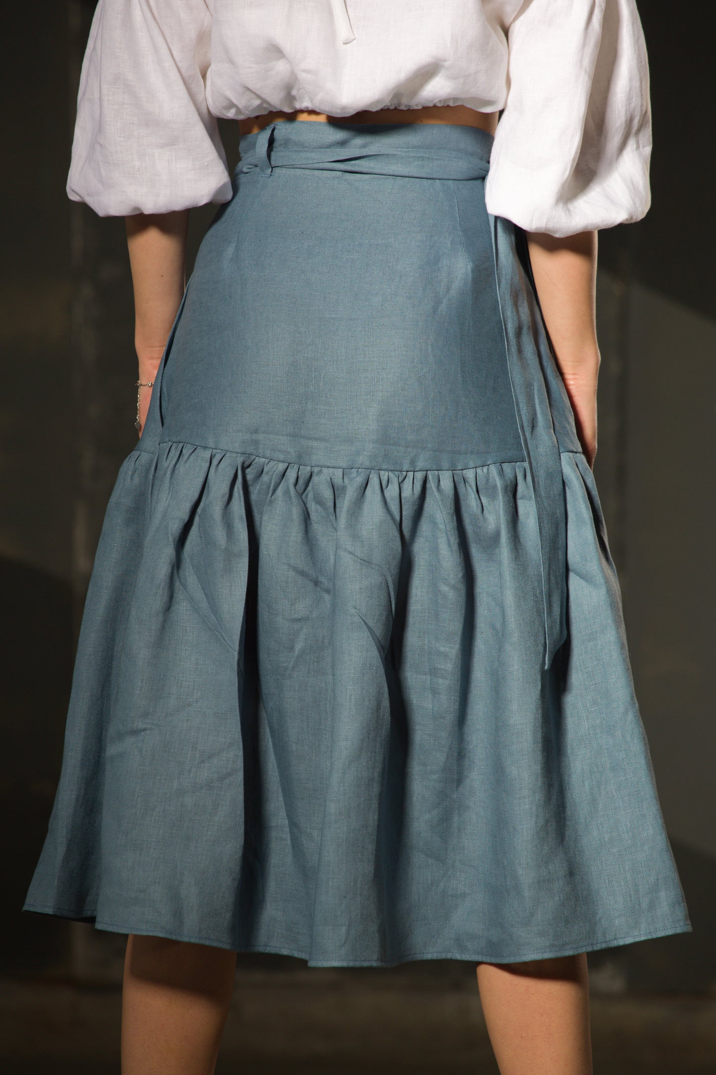 Chambray Tiered Midi Skirt — Pockets, Ruffle Hem