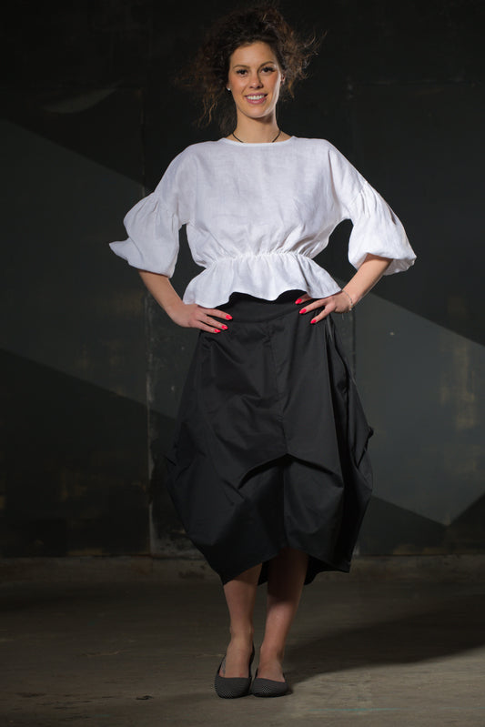 Black Asymmetric Draped Skirt — Cotton, High Waist